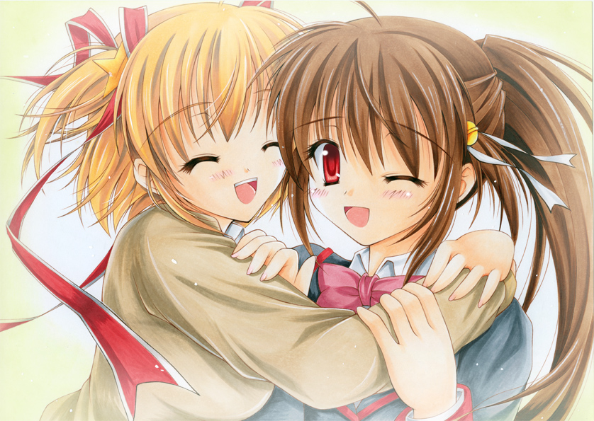 mizuki chika, kamikita komari, natsume rin, little busters!, bad id, bad pixiv id, traditional media, 2girls, blonde hair, bow, brown hair, closed eyes, hug, long hair, multiple girls, one eye closed, pink bow, ponytail, red eyes, school uniform, short hair, wink