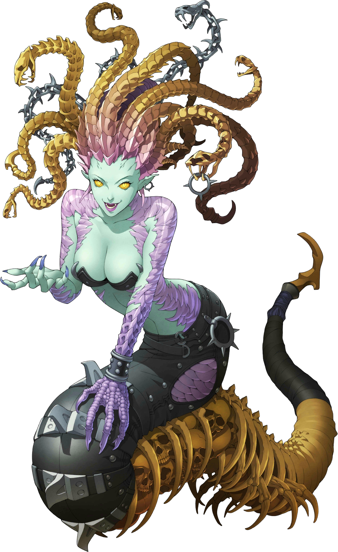 doi masayuki, shin megami tensei, shin megami tensei iv final, highres, official art, third-party source, 1girl, blue skin, breasts, chain, claws, colored sclera, colored skin, demon (megami tensei), earrings, fangs, jewelry, lamia, medusa (megami tensei), monster girl, open mouth, pointy ears, purple scales, ribs, scales, simple background, skull, smile, snake hair, solo, transparent background, yellow sclera