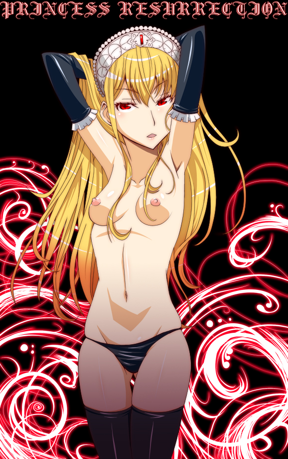 hinoki (hinoki-buro), hime (kaibutsu oujo), kaibutsu oujo, 1girl, armpits, arms up, black panties, black thighhighs, blonde hair, breasts, elbow gloves, female focus, gloves, groin, long hair, nipples, panties, red eyes, skindentation, solo, thigh gap, thighhighs, thighs, tiara, topless female, underwear