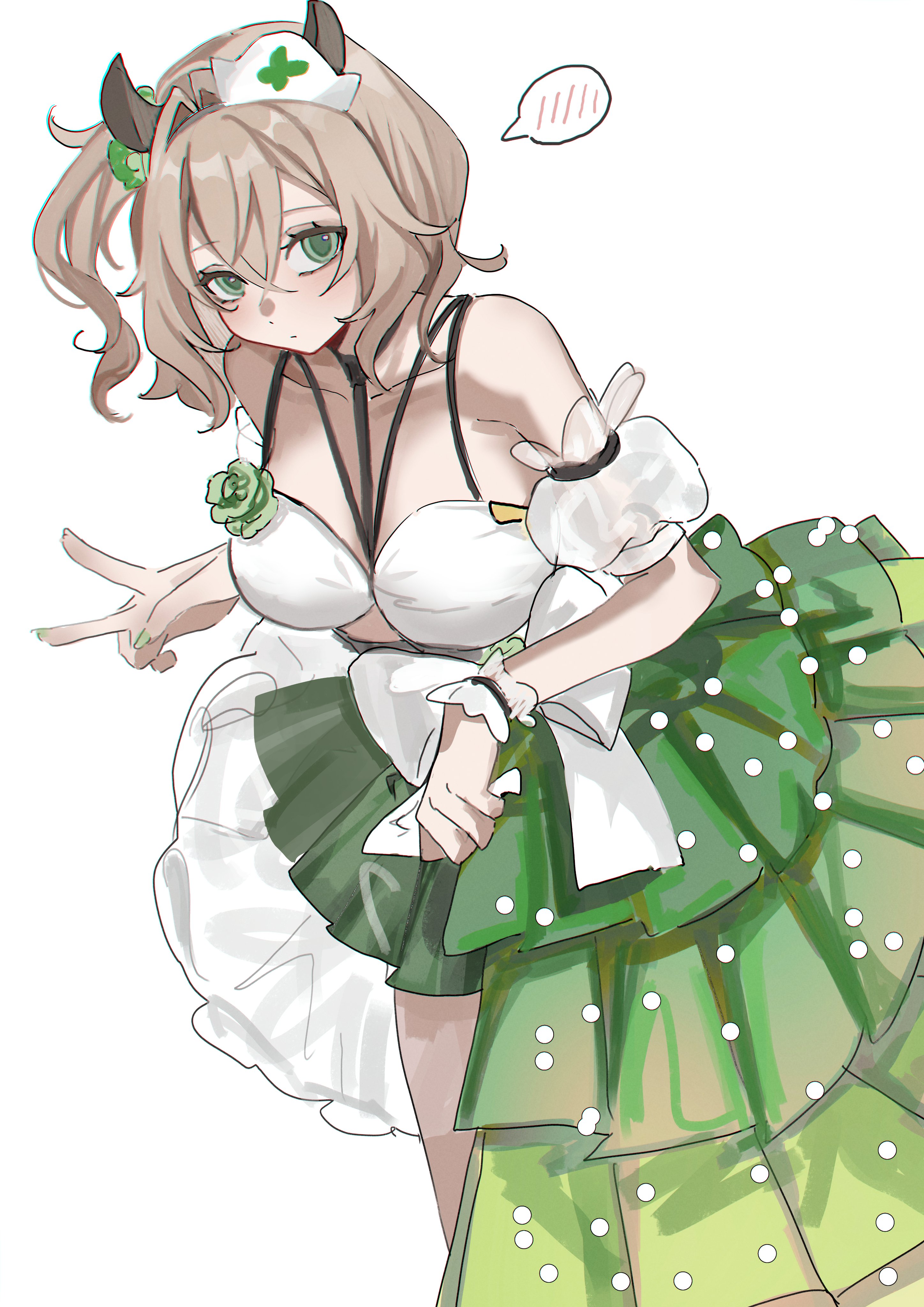 venn (vebonbon), nimi nightmare, indie virtual youtuber, absurdres, commentary, english commentary, highres, 1girl, bare shoulders, bra, breasts, brown hair, cowboy shot, green eyes, green skirt, hat, large breasts, nurse cap, simple background, skirt, solo, spoken blush, underwear, virtual youtuber, white background, white bra