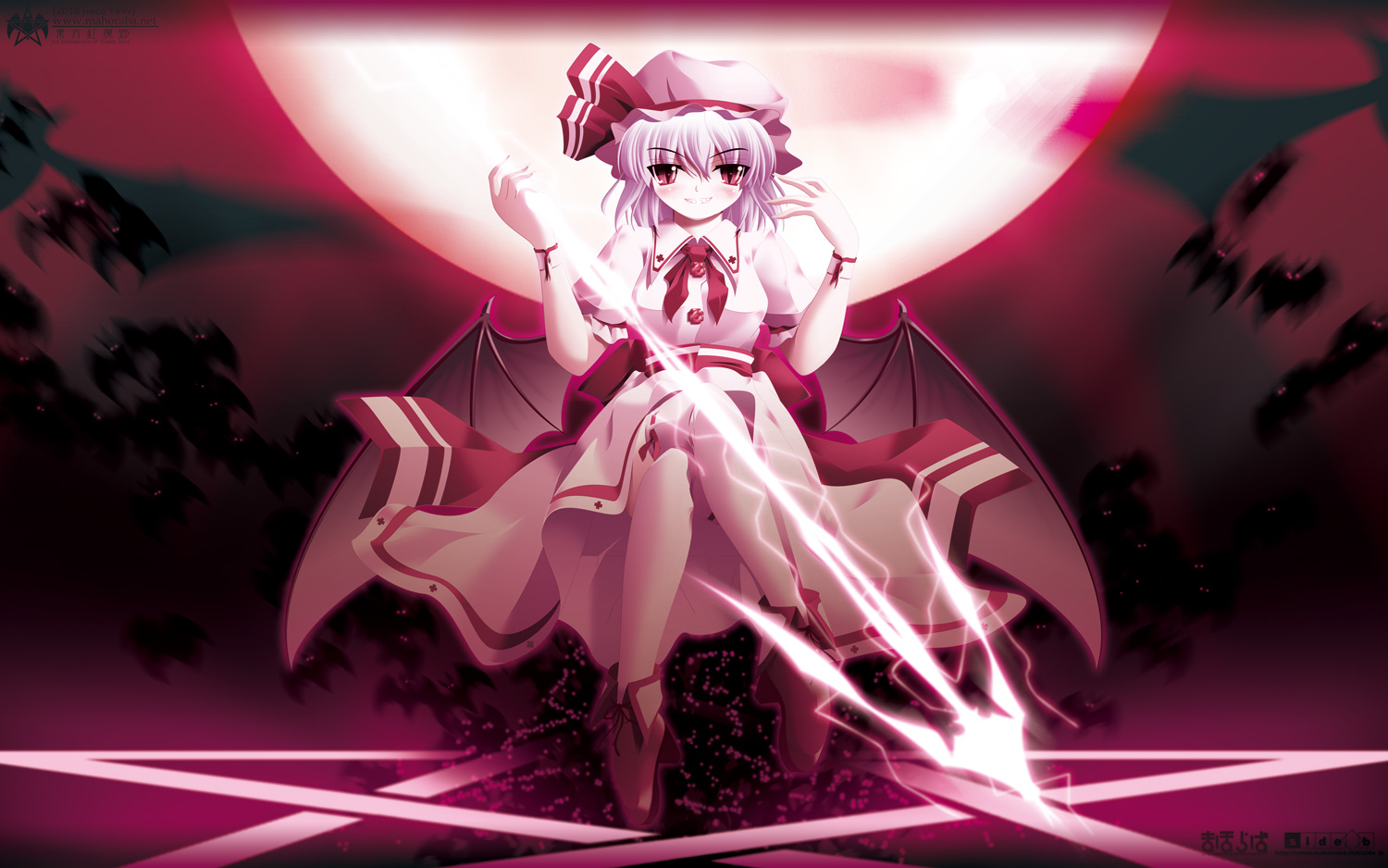 kii (mahoraba), remilia scarlet, touhou, 1girl, bat wings, brown shoes, female focus, full body, hat, mob cap, outdoors, purple hair, red eyes, shoes, short hair, sitting, sky, solo, spear the gungnir, white hat, wings