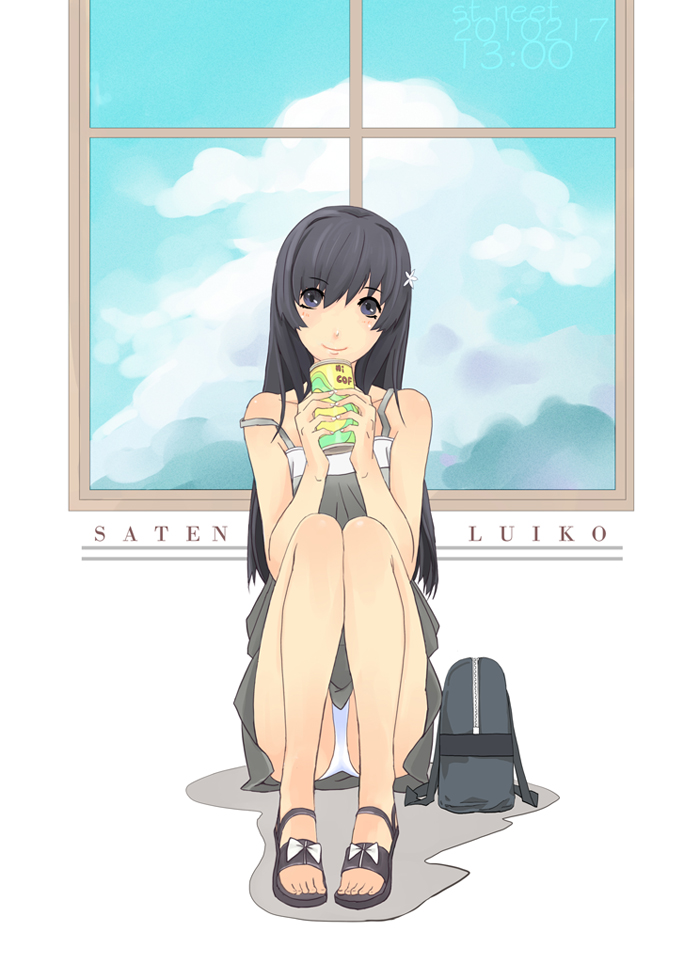 st.neet, saten ruiko, toaru kagaku no railgun, toaru majutsu no index, 1girl, bag, black eyes, black hair, can, casual, female focus, flower, hair flower, hair ornament, long hair, panties, pantyshot, ranguage, sandals, sitting, solo, underwear
