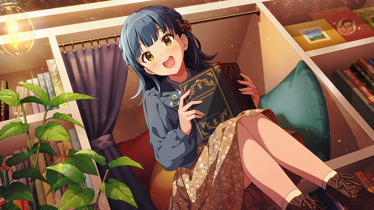nanao yuriko, idolmaster, idolmaster million live!, idolmaster million live! theater days, commentary request, game cg, official art, third-party source, 1girl, blue hair, blue jacket, book, bookshelf, boots, bow, brown boots, brown skirt, feet out of frame, floral print, floral print skirt, hair bow, holding, holding book, indoors, jacket, long sleeves, looking at viewer, medium hair, official alternate costume, official alternate hairstyle, open book, open mouth, plant, print skirt, sitting, skirt, smile, solo, teeth, upper teeth only, yellow eyes