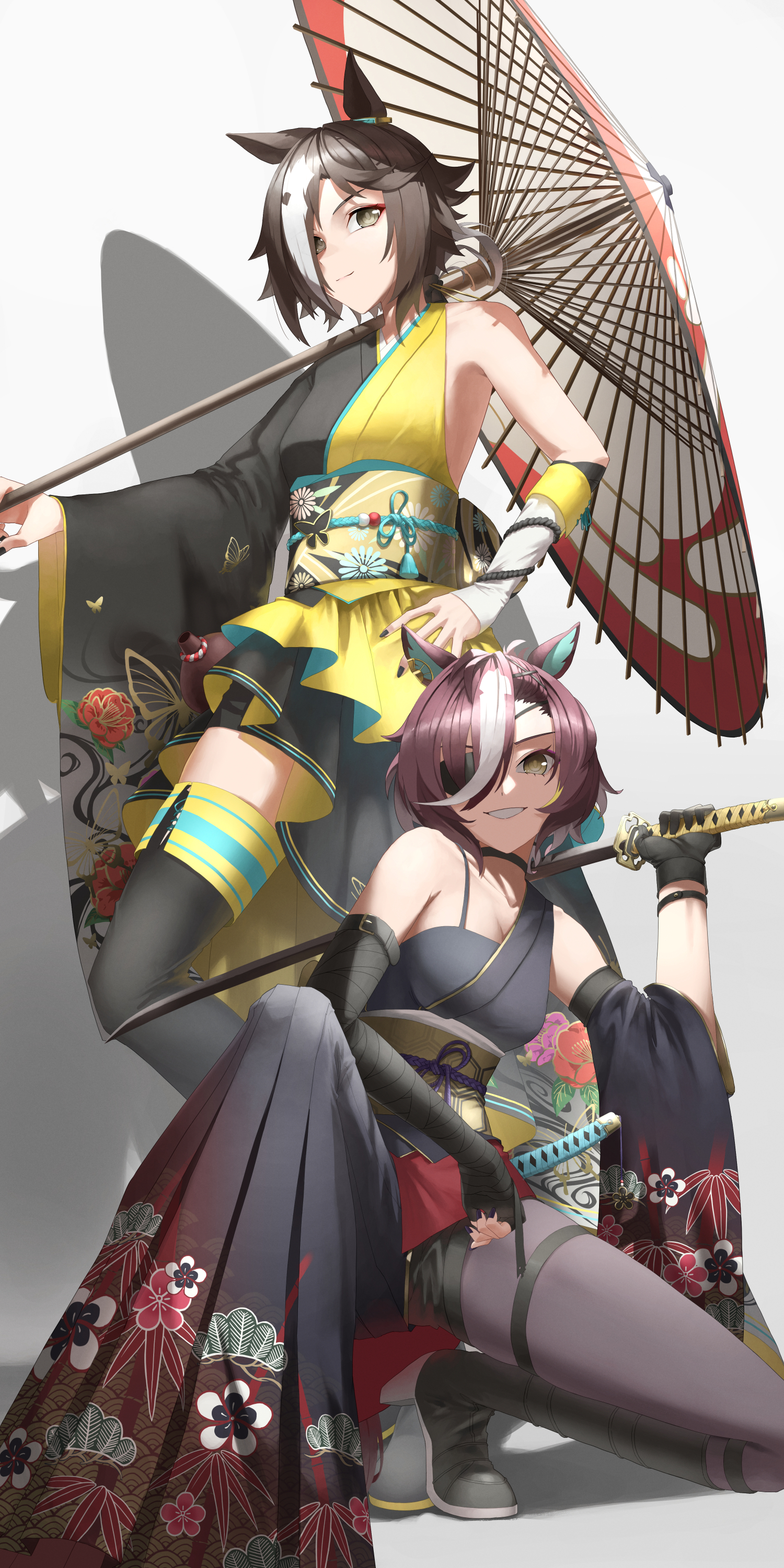 anzo (anzu elichi0928), tanino gimlet (umamusume), vodka (umamusume), umamusume, absurdres, commentary request, highres, 2girls, animal ears, bare shoulders, black boots, black gloves, black kimono, black pantyhose, black thighhighs, boots, breasts, brown eyes, brown hair, closed mouth, detached sleeves, ear ornament, eyepatch, floral print, floral print kimono, gloves, hair between eyes, hair ornament, hair over one eye, hairclip, holding, holding sword, holding umbrella, holding weapon, horse ears, horse girl, horse tail, japanese clothes, katana, kimono, long hair, looking at viewer, multicolored hair, multiple girls, obi, oil-paper umbrella, open mouth, pantyhose, print kimono, sash, shoes, short hair, single bare shoulder, single sleeve, smile, streaked hair, sword, tail, thigh strap, thighhighs, umbrella, weapon, white hair, yellow eyes, yellow kimono