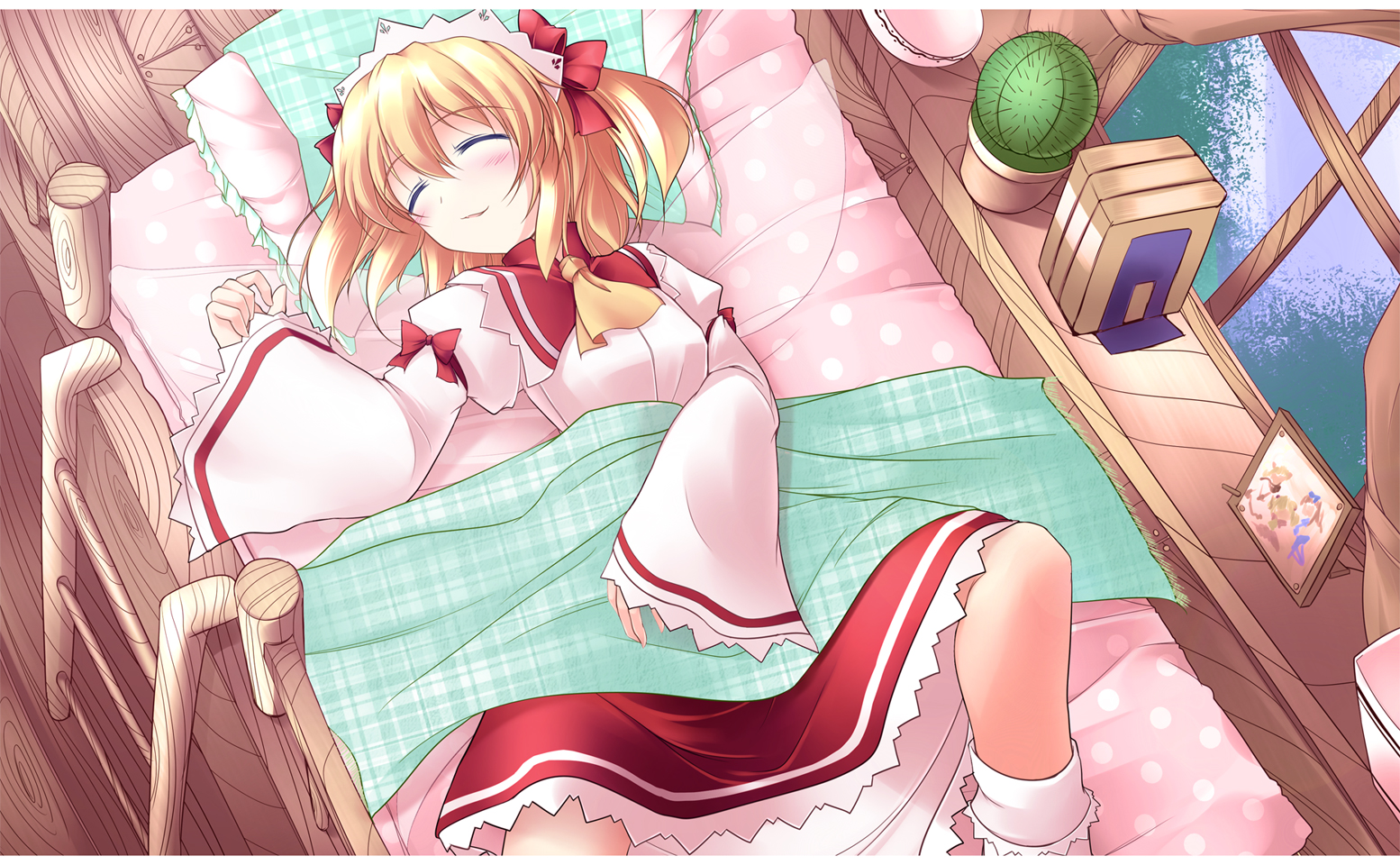 gisyo, sunny milk, eastern and little nature deity, touhou, bad id, bad pixiv id, 1girl, bed, blanket, blonde hair, blush, bow, closed eyes, female focus, hair bow, indoors, lying, nature, on back, ribbon, short hair, sky, sleeping, smile, solo, twintails, wings
