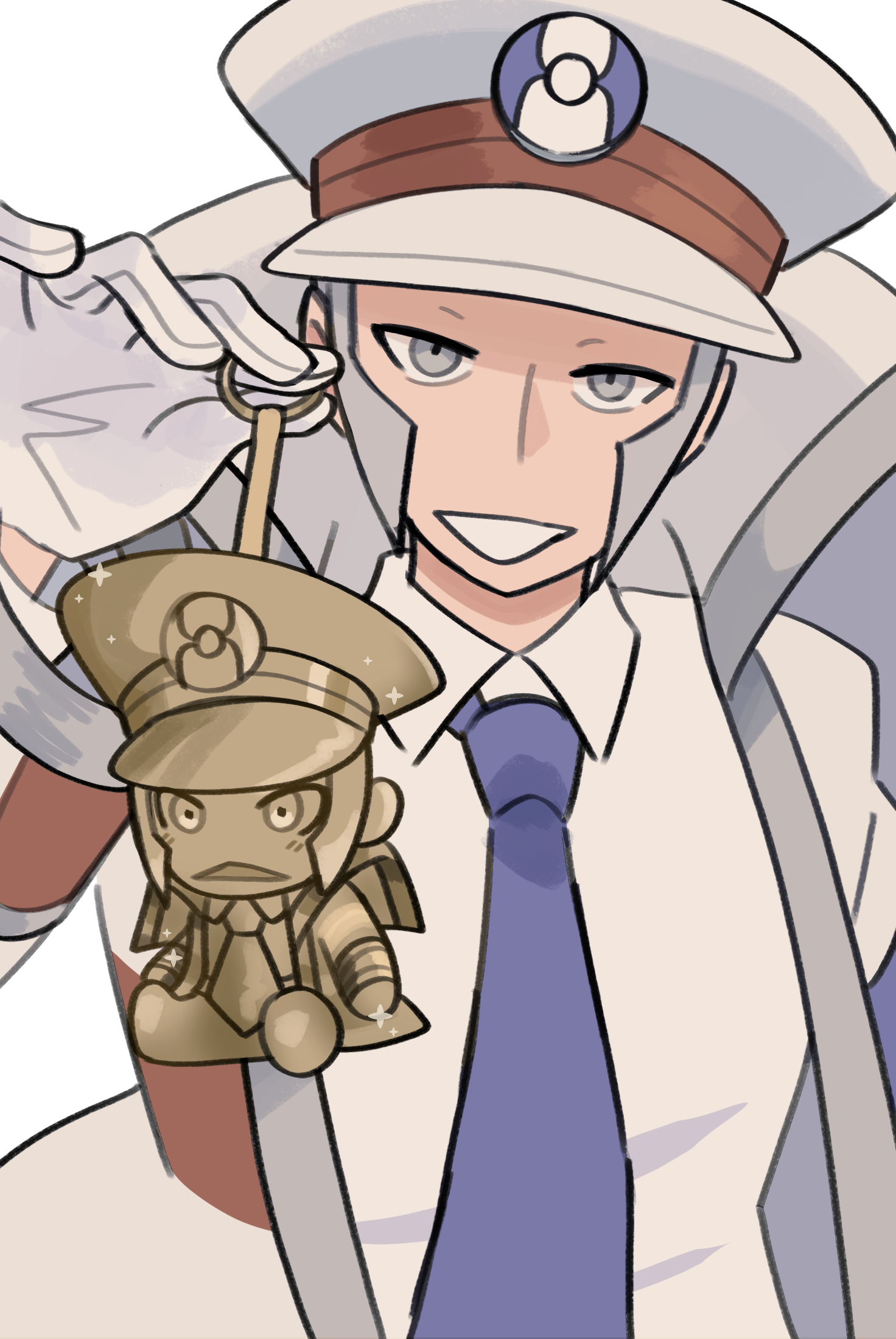 galaxysketches, emmet (pokemon), ingo (pokemon), nintendo, pokemon, pokemon bw, commentary, english commentary, highres, 1boy, 24 karat gold labubu (meme), blue necktie, character charm, charm (object), gloves, grey eyes, grey hair, hat, looking at viewer, male focus, meme, necktie, shirt, sparkle, upper body, white gloves, white hat, white shirt