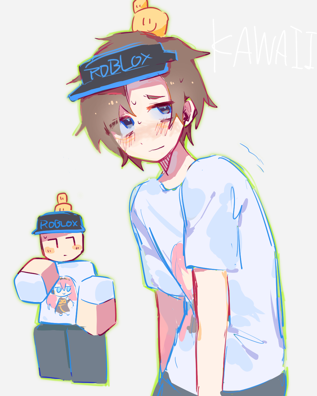 frion622, megurine luka, noob (roblox), forsaken (roblox), roblox, vocaloid, character request, check character, commentary request, highres, 007n7 (roblox), 1boy, animification, arms at sides, black hat, blue eyes, blue trim, blush, brown hair, character hat, character print, closed mouth, clothes writing, copyright name, cowboy shot, eyes visible through hair, green outline, grey background, grey pants, hat, hunched over, male focus, nervous, nervous sweating, nose blush, outline, pants, raised inner eyebrows, shirt, short hair, simple background, solo, standing, sweat, t-shirt, upturned eyes, visor cap, white shirt