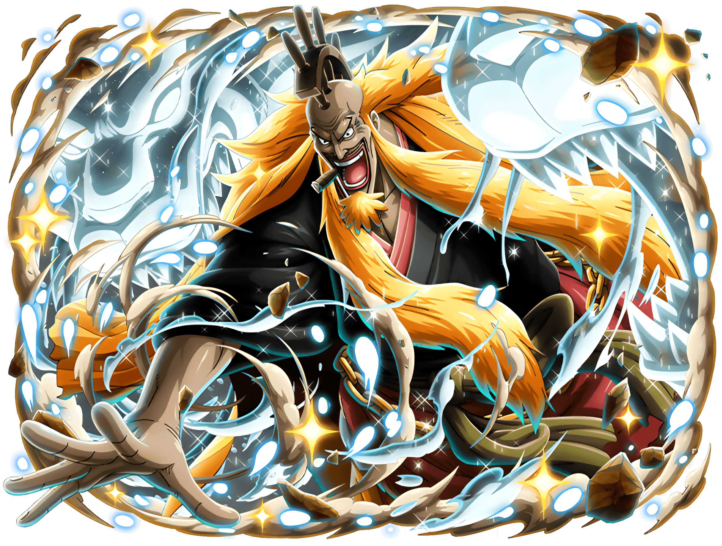 bodskih, kinjishi no shiki, one piece, one piece treasure cruise, non-web source, official art, 1boy, bald, beard, devil fruit power, facial hair, japanese clothes, lion, long hair, looking ahead, manly, mustache, outdoors, pectorals, solo, transparent background, wind
