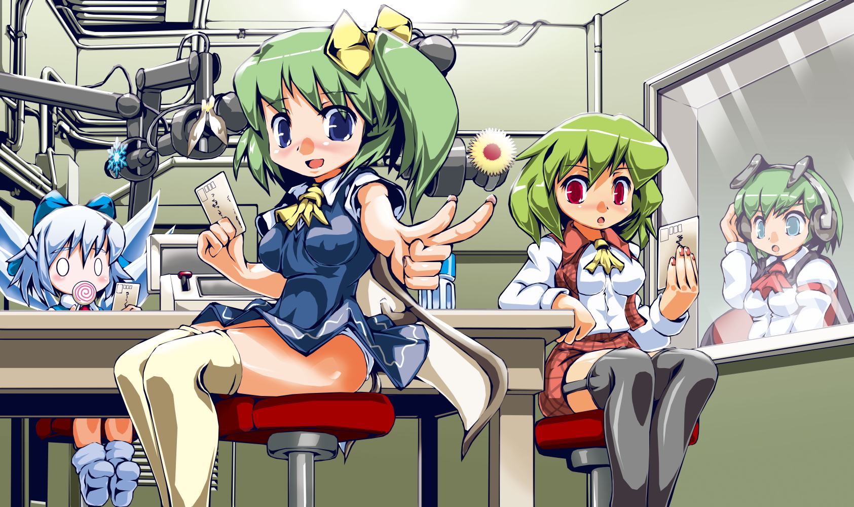 sukiyo, cirno, daiyousei, kazami yuuka, wriggle nightbug, touhou, highres, 0 0, 4girls, antennae, artistic error, ascot, bad anatomy, bad hands, black thighhighs, blue eyes, blue hair, blush, blush stickers, bottle, bow, candy, cape, card, dress, food, foreshortening, garter straps, green eyes, green hair, hair bow, headphones, holding, holding card, lollipop, microphone, multiple girls, o o, open mouth, panties, pantyshot, plaid clothes, plaid skirt, plaid vest, poorly drawn, postcard, radio booth, red eyes, short hair, side ponytail, sitting, skirt, skirt set, studio microphone, swirl lollipop, table, thighhighs, underwear, vest, water bottle, white panties, window, wings
