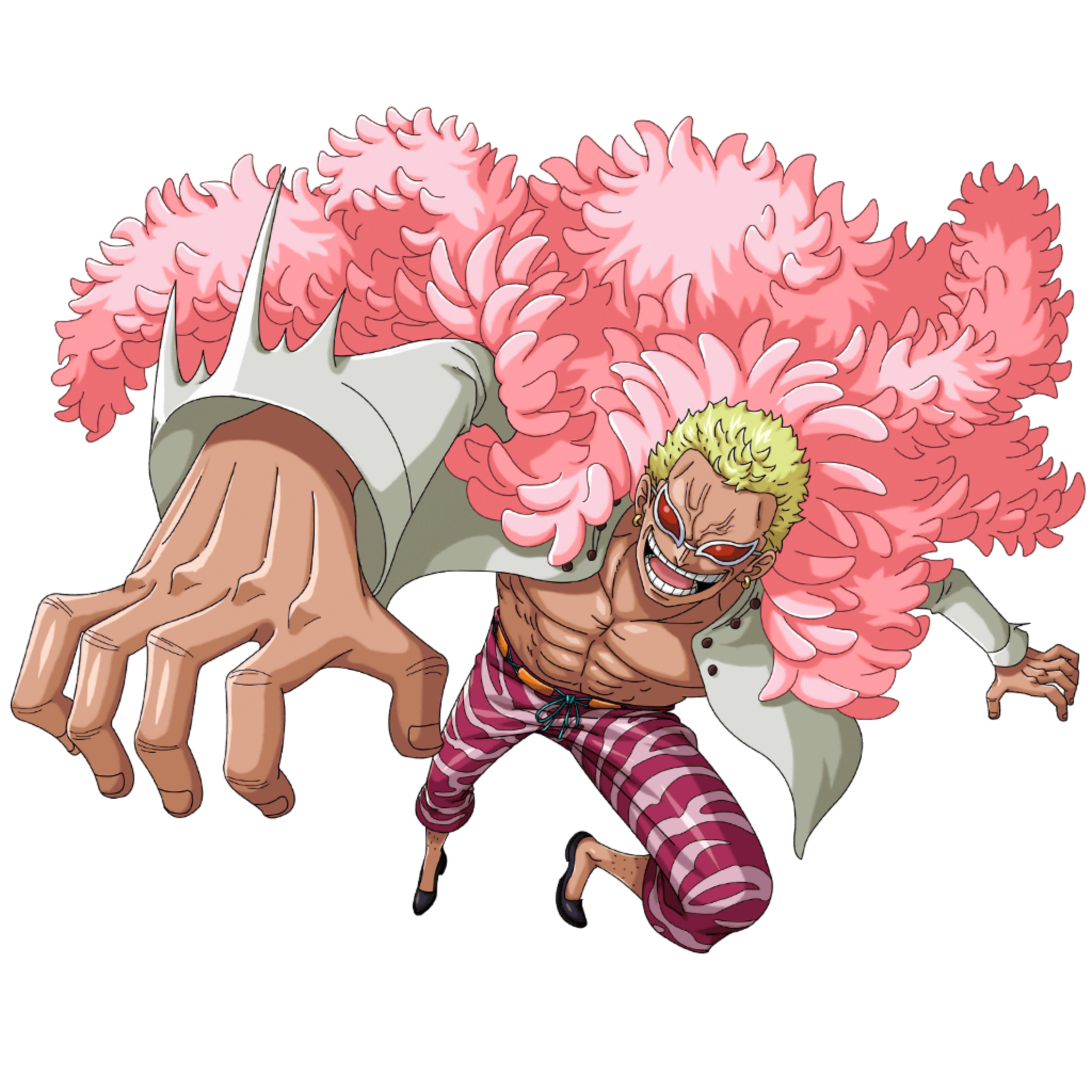 bodskih, donquixote doflamingo, one piece, one piece treasure cruise, non-web source, official art, 1boy, abs, attack, blonde hair, full body, jumping, looking at viewer, manly, pants, pectorals, short hair, solo, sunglasses, transparent background