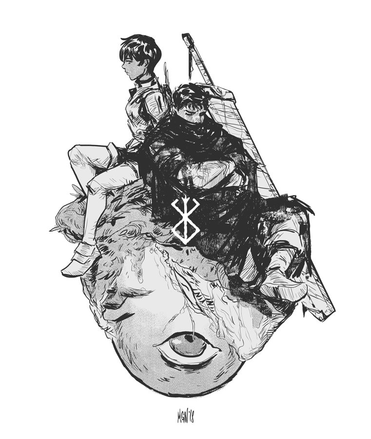 casca (berserk), guts (berserk), berserk, 1boy, 1girl, monochrome, short hair