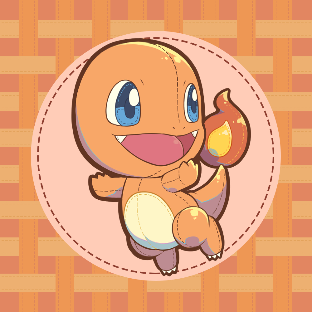 pluto.m, charmander, nintendo, pokemon, mixed-language commentary, blue eyes, claws, fangs, fire, flame-tipped tail, full body, gen 1 pokemon, no humans, objectification, open mouth, pokemon (creature), solo, stuffed animal, stuffed toy, tail