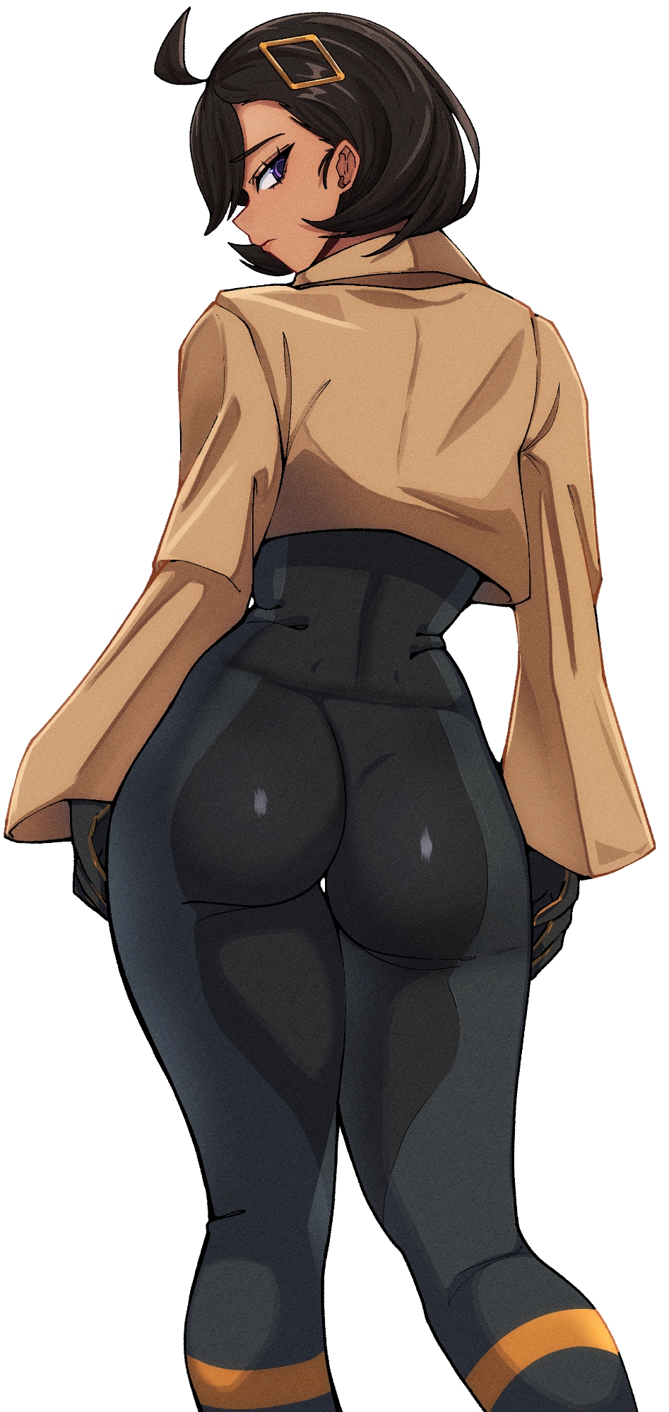 oro (aaaoro), emma (pokemon), nintendo, pokemon, pokemon legends: z-a, commentary, english commentary, highres, 1girl, ass, black bodysuit, black gloves, black hair, blue eyes, bodysuit, brown jacket, cropped jacket, dark-skinned female, dark skin, from behind, frown, gloves, hair ornament, jacket, short hair, simple background, thighs, white background