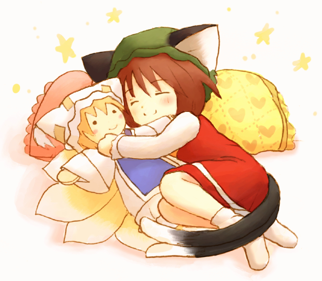 eijima moko, chen, yakumo ran, touhou, bad id, bad pixiv id, 1girl, character doll, doll, dress, female focus, full body, hat, hug, sleeping, smile, solo, white background