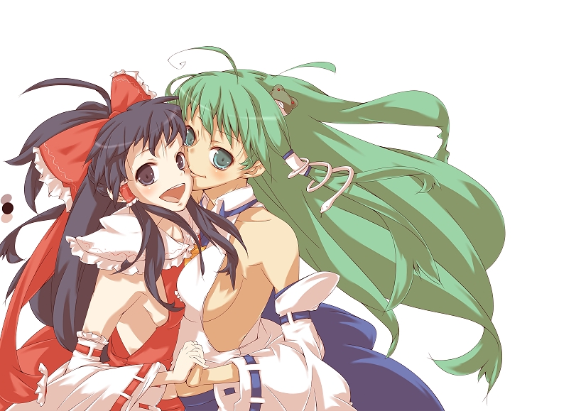 aa6, aaii, hakurei reimu, kochiya sanae, touhou, 2girls, asymmetrical docking, breast press, breasts, female focus, medium breasts, multiple girls, sideboob, small breasts