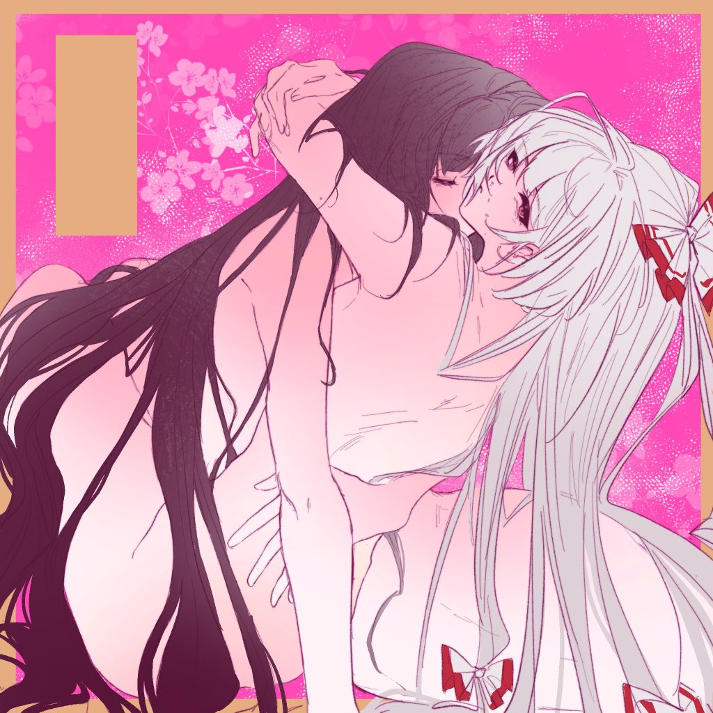 fujiwara no mokou, houraisan kaguya, touhou, 2girls, alulue1, arms around neck, black hair, closed eyes, completely nude, flower, hand on another's waist, hug, long hair, multiple girls, nude, parted lips, pink background, very long hair, white hair, yuri