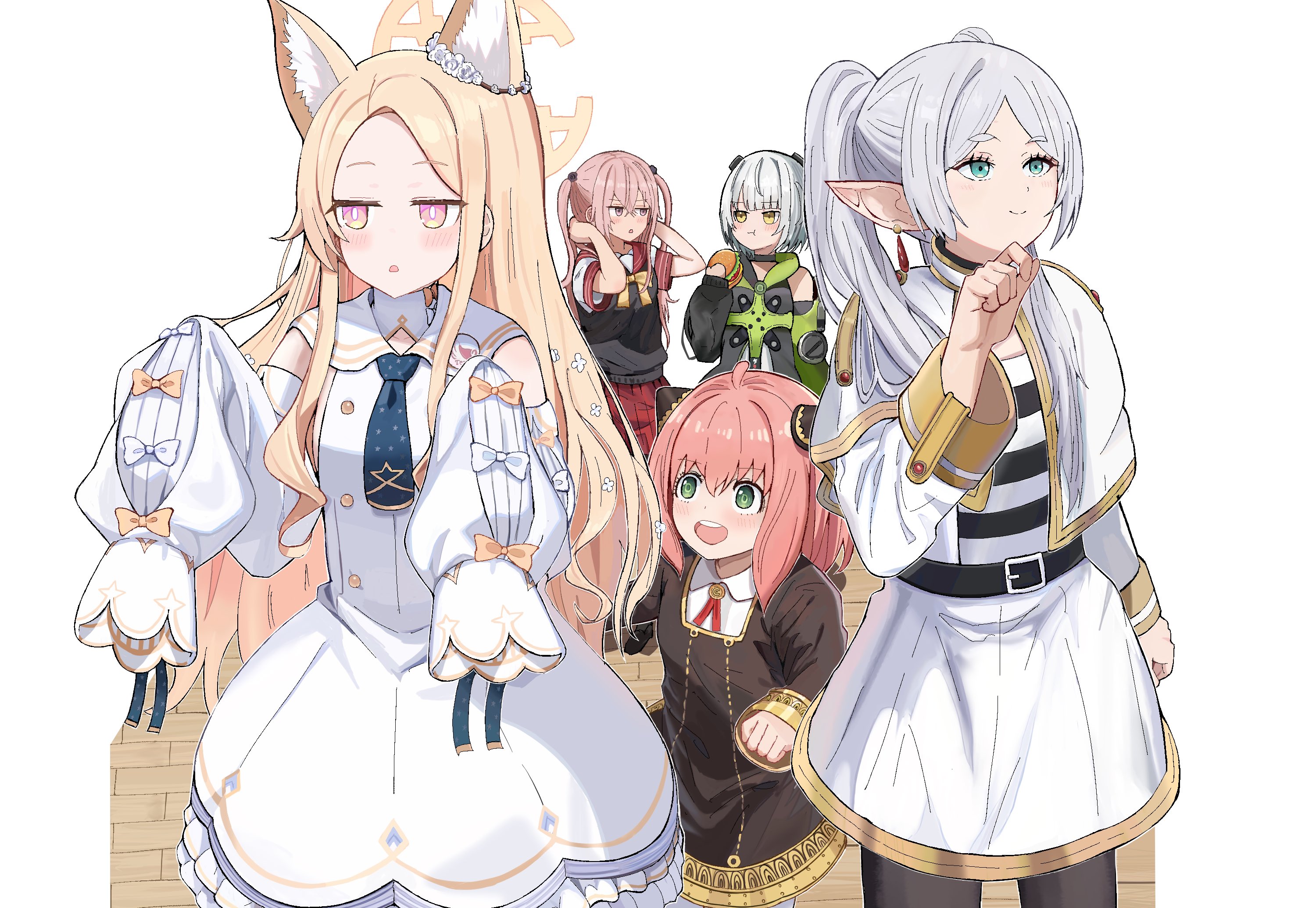 anby demara, anya (spy x family), frieren, inui sajuna, seia (blue archive), tanezaki atsumi, blue archive, sono bisque doll wa koi wo suru, sousou no frieren, spy x family, zenless zone zero, commentary request, highres, 5girls, animal ears, bare shoulders, belt, black belt, black choker, black dress, black jacket, black pantyhose, blonde hair, blue necktie, blush, bow, bowtie, breasts, burger, capelet, choker, closed mouth, collared shirt, detached sleeves, dress, earrings, eating, flower, food, fox ears, gradient eyes, green hair, hair flower, hair ornament, halo, hand on own chin, hand on own head, holding, holding food, horns, jacket, jewelry, long hair, long sidelocks, looking at another, medium hair, multicolored eyes, multiple girls, necktie, open mouth, pantyhose, pink eyes, pink hair, pointy ears, puteme, school uniform, serafuku, shirt, sidelocks, single earring, single sidelock, sleeves past fingers, sleeves past wrists, small breasts, smile, standing, thick eyebrows, twintails, very long hair, very long sidelocks, voice actor connection, white background, white capelet, white dress, white hair, white serafuku, wooden floor, yellow bow, yellow bowtie, yellow eyes, yellow halo