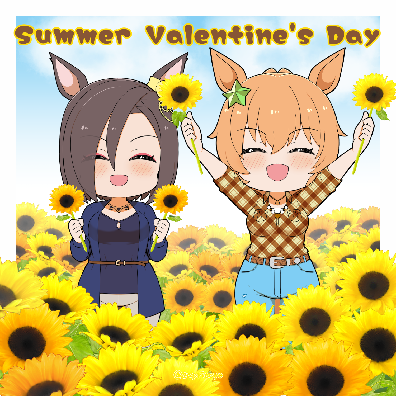 capriccyo, air groove (casual) (umamusume), air groove (umamusume), taiki shuttle (casual) (umamusume), taiki shuttle (umamusume), umamusume, commentary request, highres, 2girls, :d, ^ ^, animal ears, arms up, belt, belt buckle, black shirt, blue jacket, blue pants, blue sky, blush, breasts, brown belt, brown hair, buckle, closed eyes, collared shirt, day, dress shirt, english text, field, flower, flower field, grey pants, hair between eyes, hair ornament, holding, holding flower, horse ears, jacket, medium breasts, multiple girls, open clothes, open jacket, open mouth, pants, plaid clothes, plaid shirt, ponytail, shirt, sky, smile, star (symbol), star hair ornament, sunflower, sunflower field, yellow flower