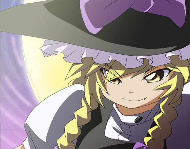 shokkin, kirisame marisa, touhou, 1girl, alternate hairstyle, anime coloring, blonde hair, braid, fang, female focus, hat, letterboxed, smile, solo, twin braids, yellow eyes