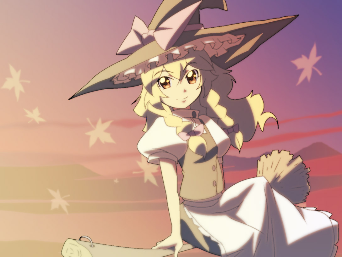 shokkin, kirisame marisa, touhou, 1girl, alternate hairstyle, anime coloring, blonde hair, braid, broom, broom riding, female focus, hat, hat ribbon, leaf, long hair, maple leaf, ribbon, sidesaddle, solo, sunlight, sunset, twilight, twin braids, witch, witch hat, yellow eyes