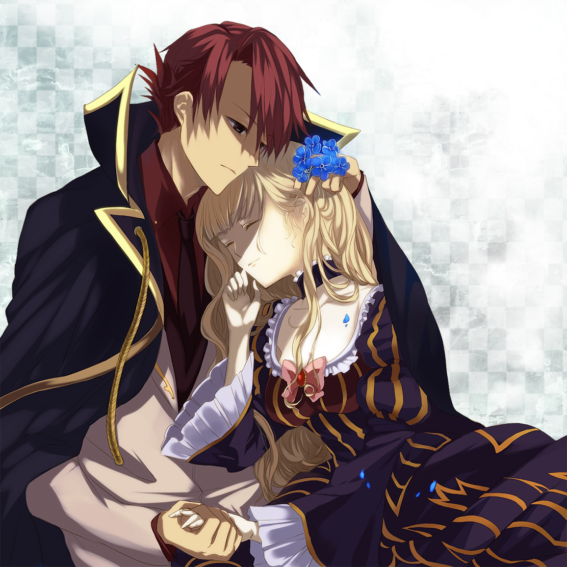 nanamura, beatrice (umineko), ushiromiya battler, umineko no naku koro ni, bad id, bad pixiv id, 1boy, 1girl, alternate hairstyle, blonde hair, bow, cape, dress, flower, forget-me-not (flower), hair down, hetero, holding hands, necktie, pink bow, red hair, ribbon
