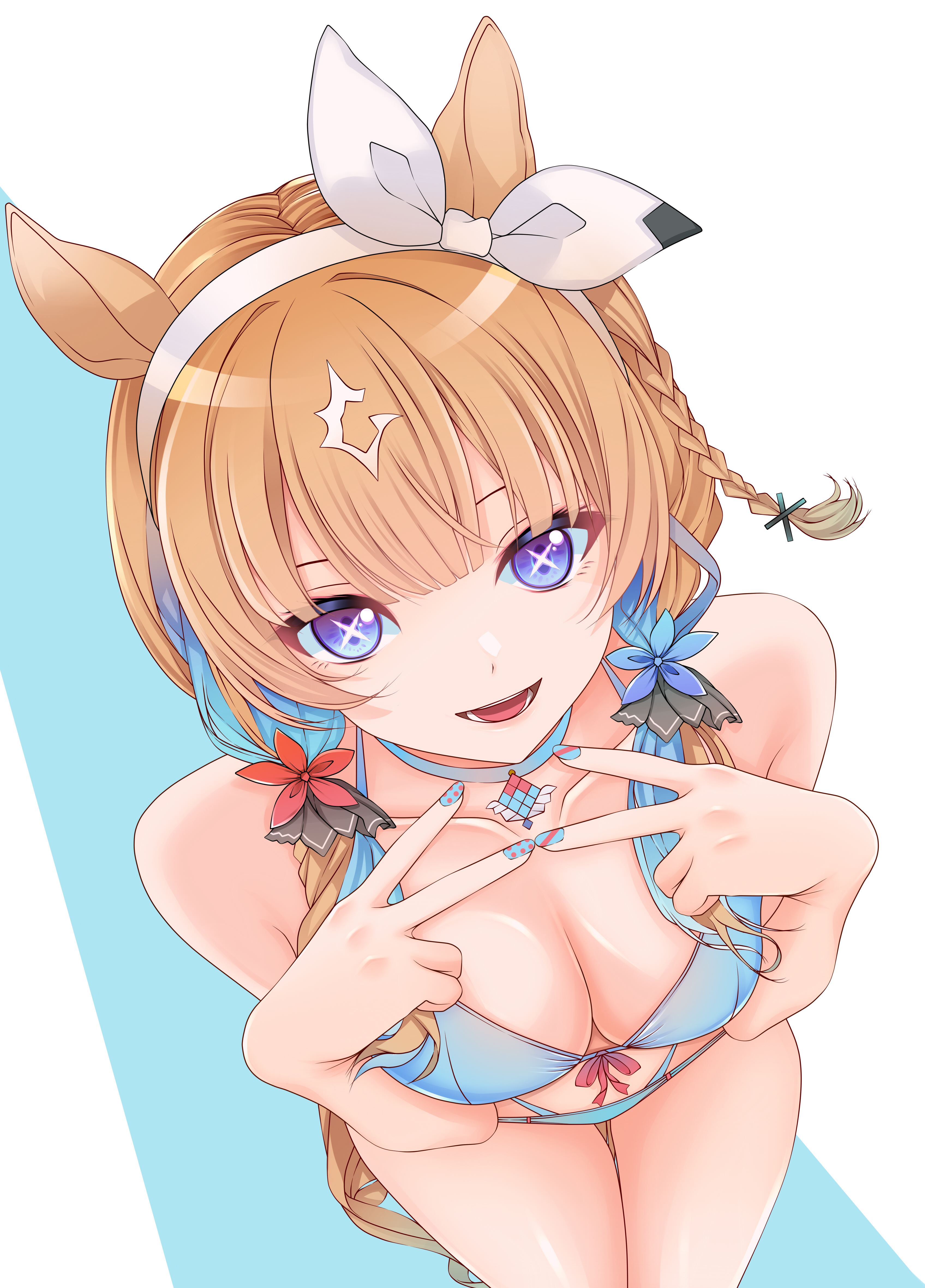 reishi (litvyak), almond eye (umamusume), umamusume, absurdres, commentary request, highres, 1girl, alternate costume, animal ears, bikini, blue bikini, blue eyes, blue nails, blush, bow, bow hairband, braid, breasts, brown hair, cleavage, colored inner hair, cross-shaped pupils, double v, flower, from above, hair flower, hair ornament, hairband, horse ears, horse girl, horse tail, large breasts, long hair, looking at viewer, low twintails, multicolored hair, multicolored nails, nail art, nail polish, open mouth, side braid, simple background, single braid, smile, solo, streaked hair, swimsuit, symbol-shaped pupils, tail, thighs, twintails, v, white background, white bow, white hairband, x-shaped pupils