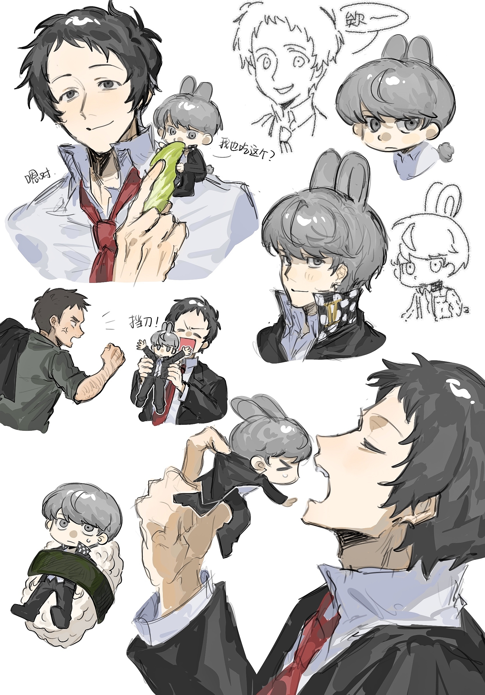 chengmingraven, adachi tooru, doujima ryoutarou, narukami yu, persona, persona 4, commentary, highres, > <, 3boys, angry, animal ears, arm hair, black eyes, black hair, black jacket, black pants, clenched hand, feeding, food, frown, grey hair, holding, holding mini person, imminent bite, jacket, jacket over shoulder, kemonomimi mode, lettuce, long sleeves, male focus, messy hair, mini person, miniboy, multiple boys, multiple views, necktie, pants, rabbit ears, red necktie, school uniform, short hair, smile, sushi, unworn jacket, yasogami school uniform