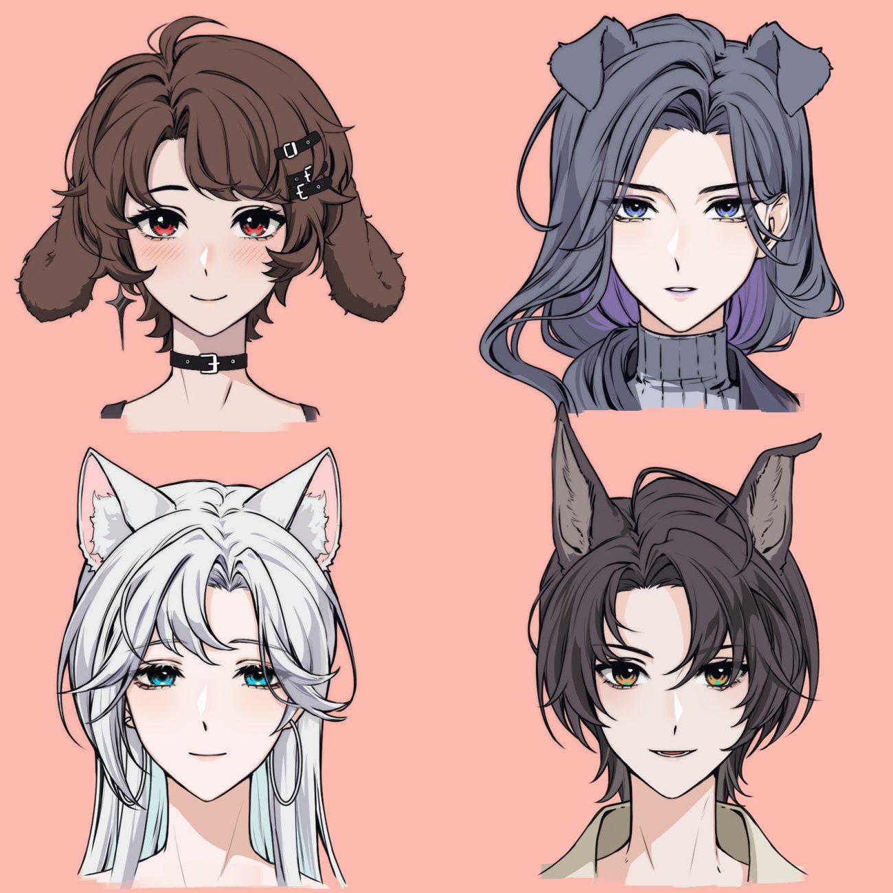 angon623, eleanor si, iris wen, nyx xia, victoria qi, love curse: find your soulmate, highres, 4girls, animal ears, belt, belt buckle, belt collar, black belt, black hair, blue eyes, brown eyes, buckle, cat ears, clenched teeth, closed mouth, collar, curtained hair, dog ears, earrings, extra ears, hair ornament, hairclip, hoop earrings, jewelry, kemonomimi mode, long hair, looking at viewer, multiple girls, parted lips, pink background, purple eyes, purple hair, red eyes, short hair, simple background, teeth, turtleneck, white hair