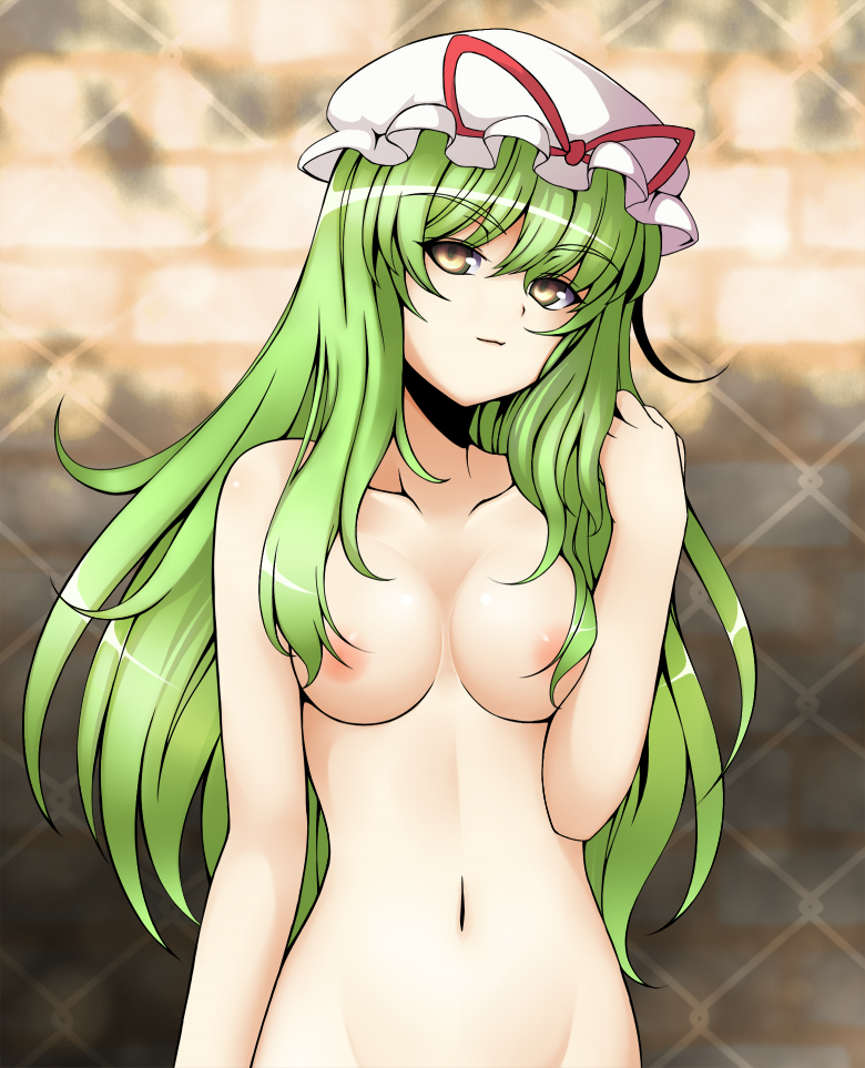 aogu, yakumo yukari, touhou, 1girl, alternate hair color, breasts, censored, convenient censoring, female focus, green hair, groin, hat, large breasts, long hair, navel, smirk, solo, topless frame, upper body, yellow eyes