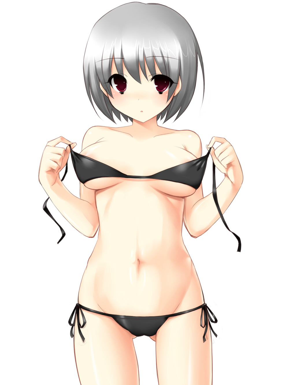 tsukumiya amane, original, bad id, bad pixiv id, highres, 1girl, bikini, blush, breasts, female focus, grey hair, red eyes, short hair, simple background, solo, swimsuit, underboob, undressing