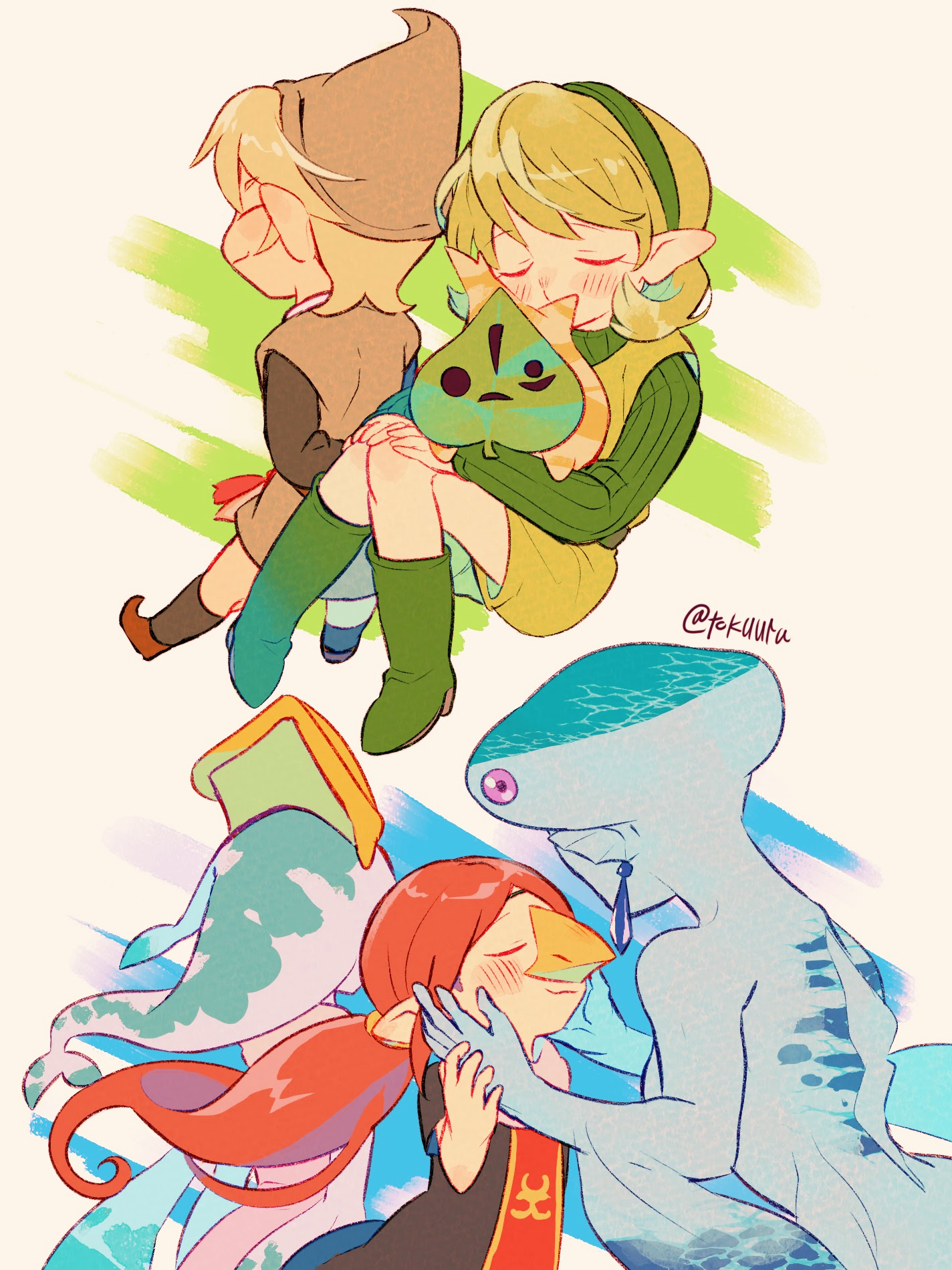 tokuura, fado (wind waker), korok, makar, medli, princess ruto, saria (zelda), nintendo, the legend of zelda, the legend of zelda: ocarina of time, the legend of zelda: the wind waker, commentary request, highres, 1boy, 3girls, arm fins, bird girl, black dress, boots, closed eyes, dress, earrings, fish girl, green boots, green hair, green hairband, hairband, hands on another's cheeks, hands on another's face, in-franchise crossover, jewelry, kokiri, long hair, multiple girls, pointy ears, red hair, rito, short hair, zora