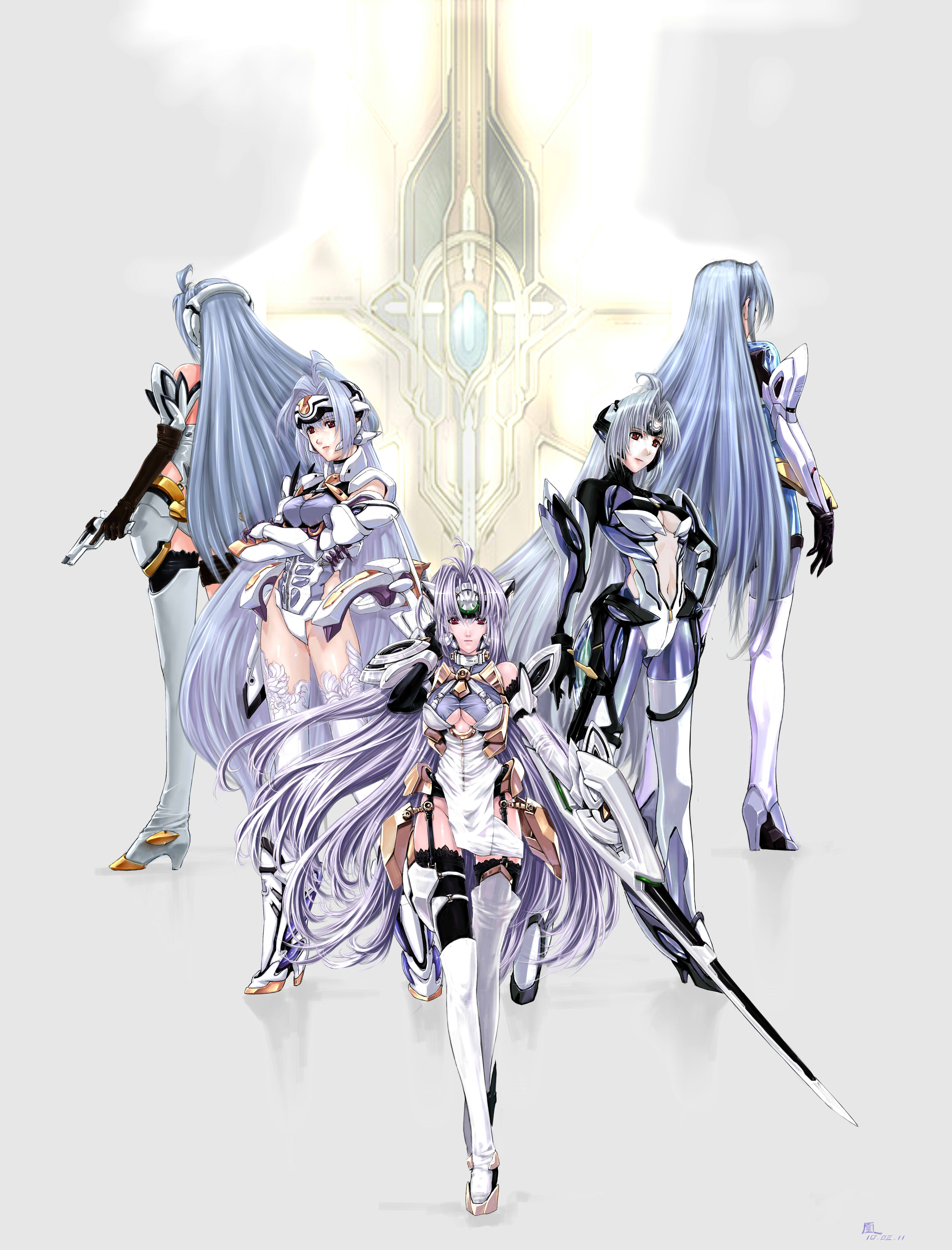jian huang, kos-mos, kos-mos ver. 3, kos-mos ver. 4, xenosaga, xenosaga episode i, xenosaga episode ii, xenosaga episode iii, absurdres, highres, 00s, 5girls, alternate costume, blue hair, boots, breasts, cleavage, cocked hammer, elbow gloves, garter belt, gloves, gun, handgun, long hair, multiple girls, multiple persona, navel, red eyes, thigh boots, thighhighs, trigger discipline, very long hair, weapon