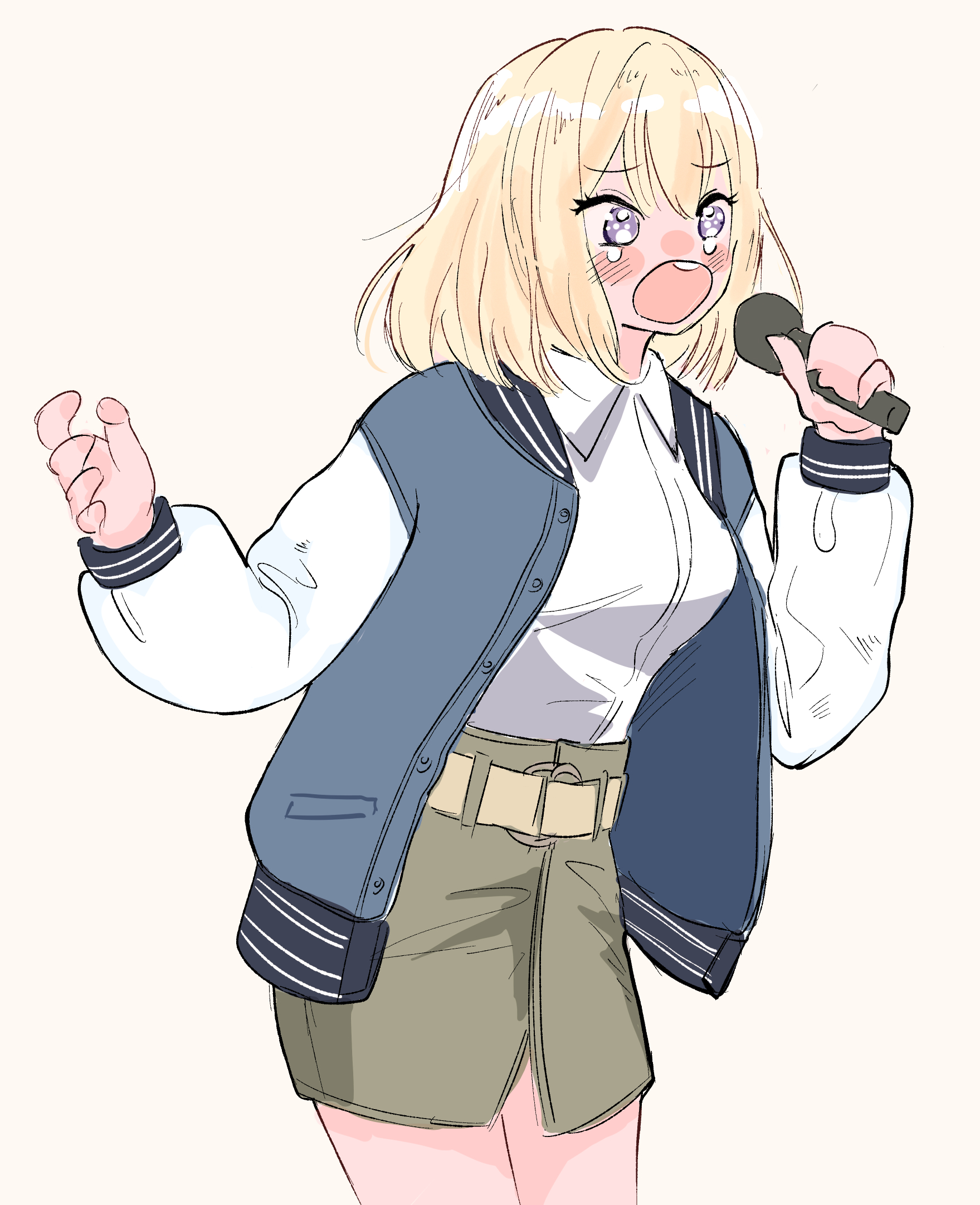 anayama (anayama radio), misumi uika, takamatsu tomori, bang dream!, bang dream! it's mygo!!!!!, commentary request, highres, 1girl, belt, blonde hair, blue jacket, blush, brown belt, brown skirt, cosplay, dress shirt, jacket, medium hair, music, open clothes, open jacket, open mouth, purple eyes, shirt, simple background, singing, skirt, solo, takamatsu tomori (cosplay), white background, white shirt