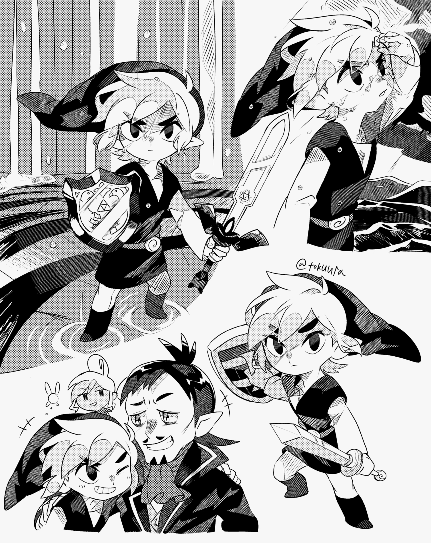 tokuura, ciela, linebeck, link, tetra, toon link, nintendo, the legend of zelda, the legend of zelda: phantom hourglass, the legend of zelda: the wind waker, commentary request, highres, +++, 1girl, 2boys, ;d, artist name, ascot, coat, fairy, greyscale, grin, hand on another's shoulder, hat, holding, holding shield, holding sword, holding weapon, left-handed, male focus, master sword, monochrome, multiple boys, multiple views, one eye closed, open mouth, shield, smile, standing, sword, tunic, twitter username, water, weapon, wet