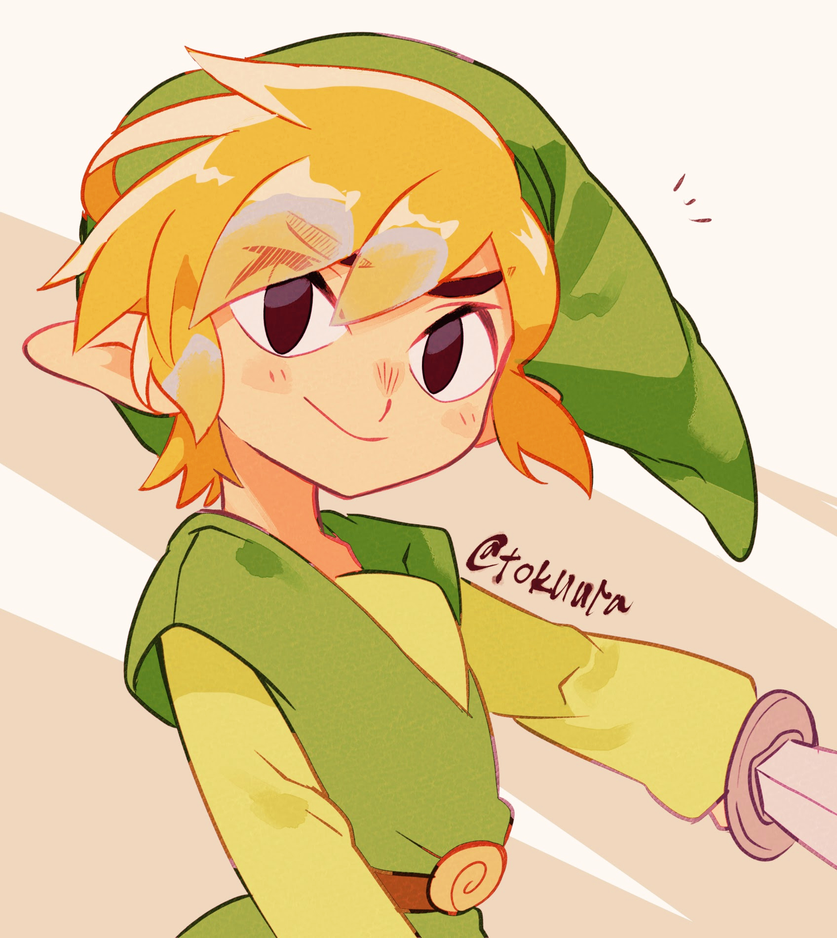 tokuura, link, toon link, nintendo, the legend of zelda, the legend of zelda: the wind waker, commentary request, highres, 1boy, artist name, belt, blonde hair, brown belt, closed mouth, green hat, green tunic, hat, holding, holding sword, holding weapon, layered sleeves, left-handed, long sleeves, looking at viewer, male focus, pointy ears, short over long sleeves, short sleeves, smile, solo, sword, tunic, twitter username, upper body, weapon