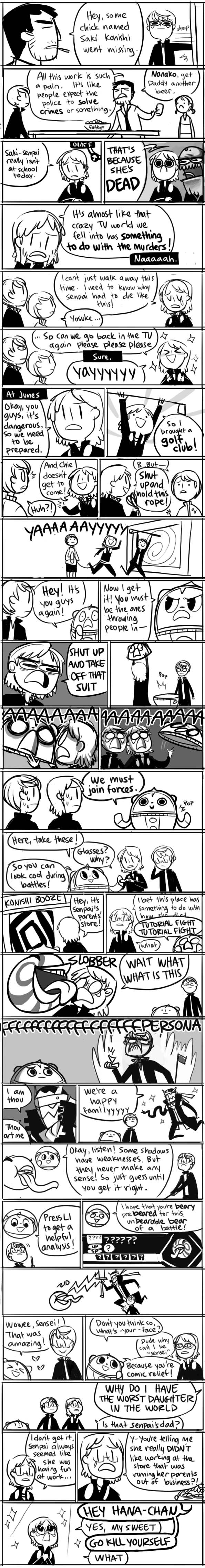 peachifruit, doujima nanako, doujima ryoutarou, hanamura yousuke, izanagi, kinshiro morooka, konishi saki, kuma (persona 4), narukami yu, satonaka chie, persona, persona 4, bad tag, english, absurdres, highres, long image, tall image, comic, monochrome, parody, principal, summary, | |