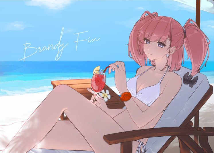 mai (maika 04), atlanta (kancolle), kantai collection, commentary request, 1girl, anchor hair ornament, beach, bikini, breasts, brown hair, closed mouth, cloud, cup, day, drinking straw, earrings, flower, hair ornament, holding, holding cup, jewelry, looking at viewer, medium breasts, ocean, outdoors, reclining, side-tie bikini bottom, sitting, sky, solo, star (symbol), star earrings, swimsuit, two side up, white bikini, white flower