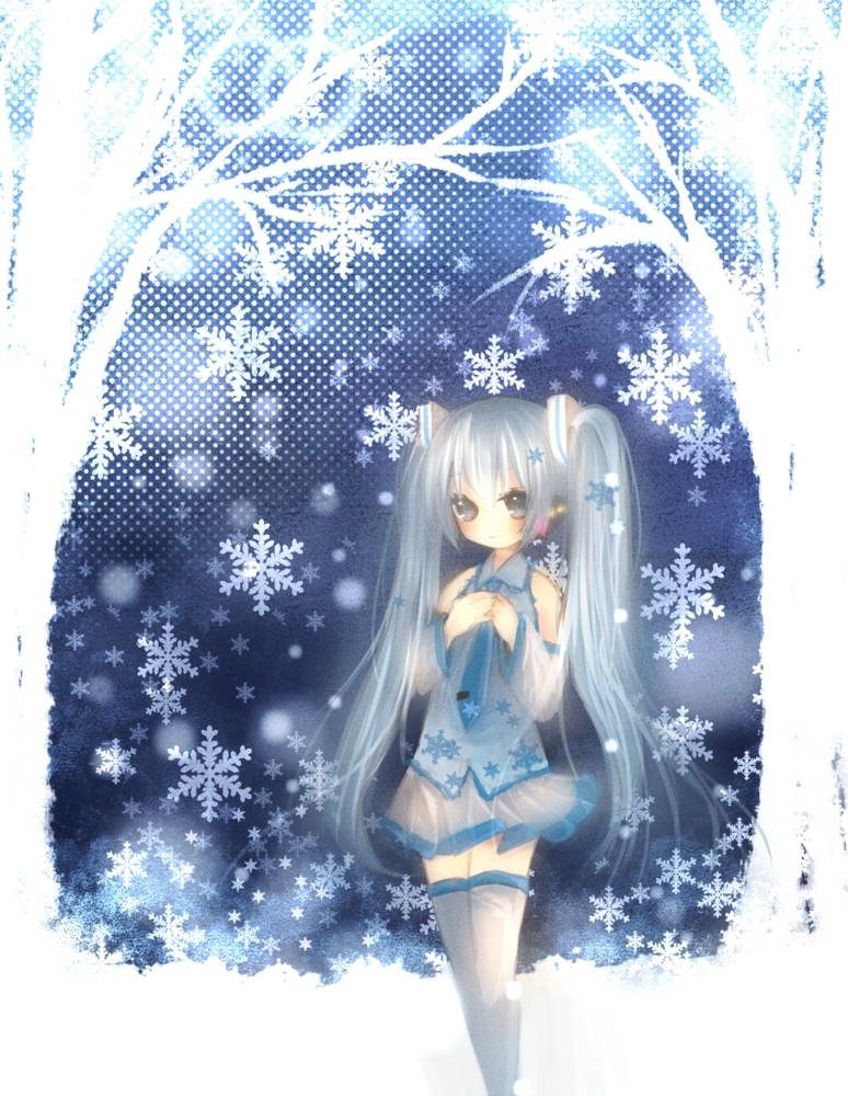 ou (swdp), hatsune miku, yuki miku, vocaloid, bad id, bad pixiv id, 1girl, alternate color, detached sleeves, female focus, long hair, nature, necktie, outdoors, skirt, snow, snowflakes, solo, thighhighs, twintails, white hair, zettai ryouiki