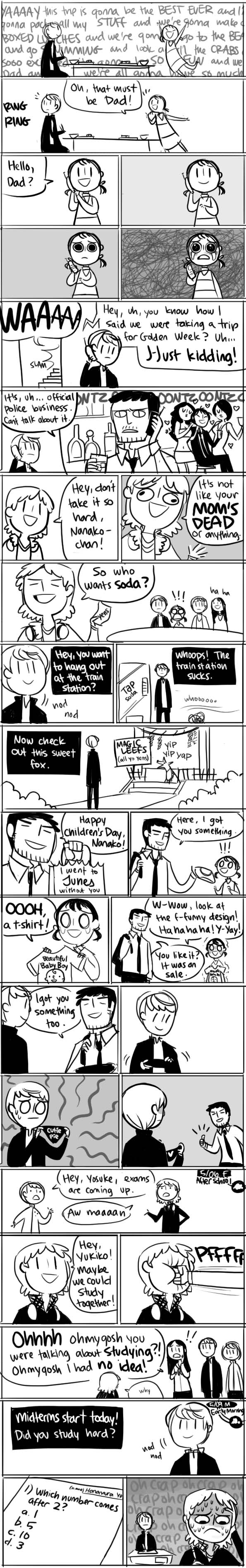 peachifruit, adachi tooru, amagi yukiko, doujima nanako, doujima ryoutarou, hanamura yousuke, kuma (persona 4), narukami yu, satonaka chie, persona, persona 4, bad tag, english, absurdres, highres, long image, tall image, comic, monochrome, parody, summary, | |