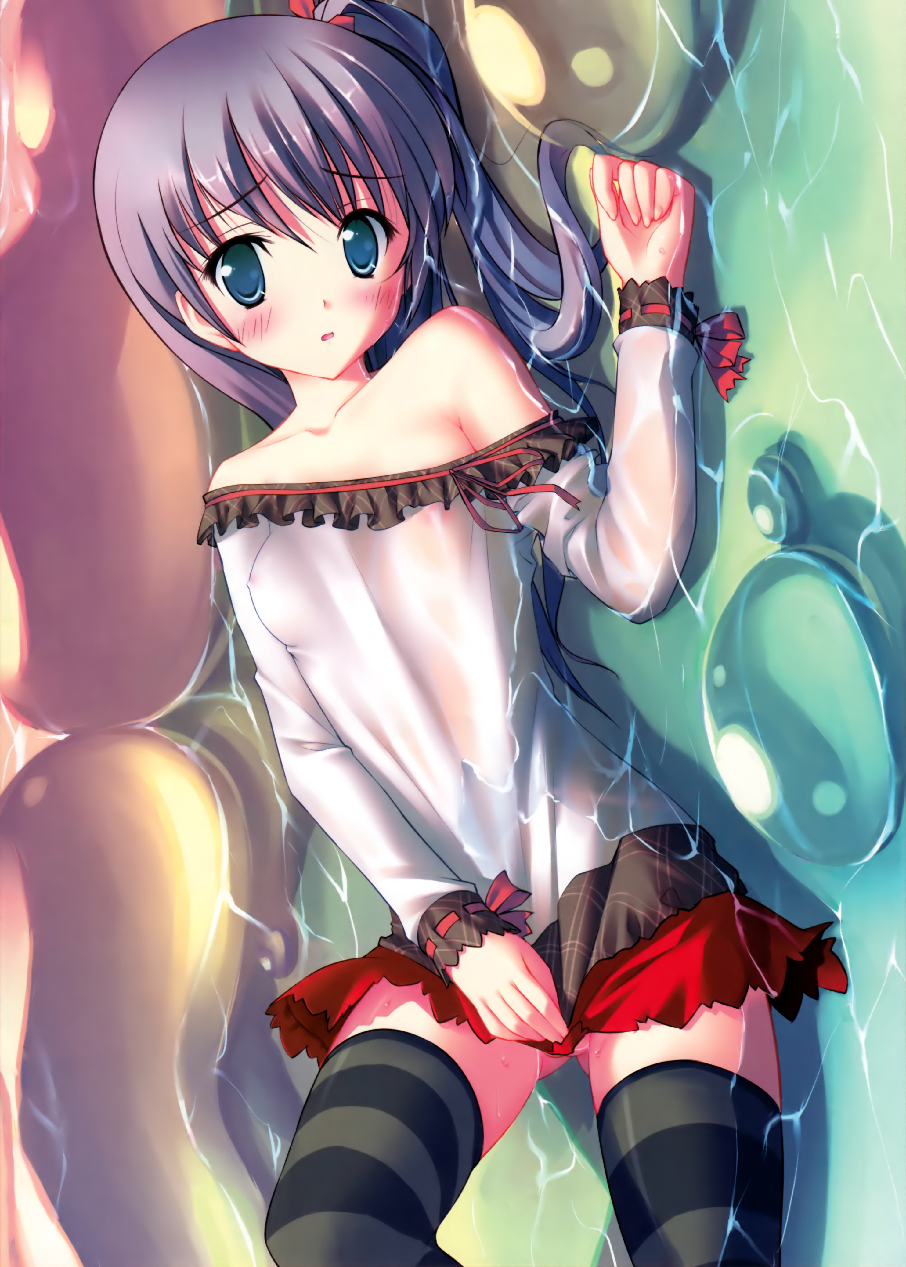 takoyaki (roast), original, absurdres, highres, 1girl, bare shoulders, black hair, blue eyes, blush, breasts, covered erect nipples, covering crotch, covering privates, female focus, frills, hair ribbon, long hair, long sleeves, looking at viewer, lying, nipples, no bra, no panties, open mouth, partially visible vulva, pool, ribbon, see-through clothes, shirt tug, side ponytail, skirt, skirt tug, small breasts, solo, striped clothes, striped thighhighs, thighhighs, water, wet, wet clothes, zettai ryouiki