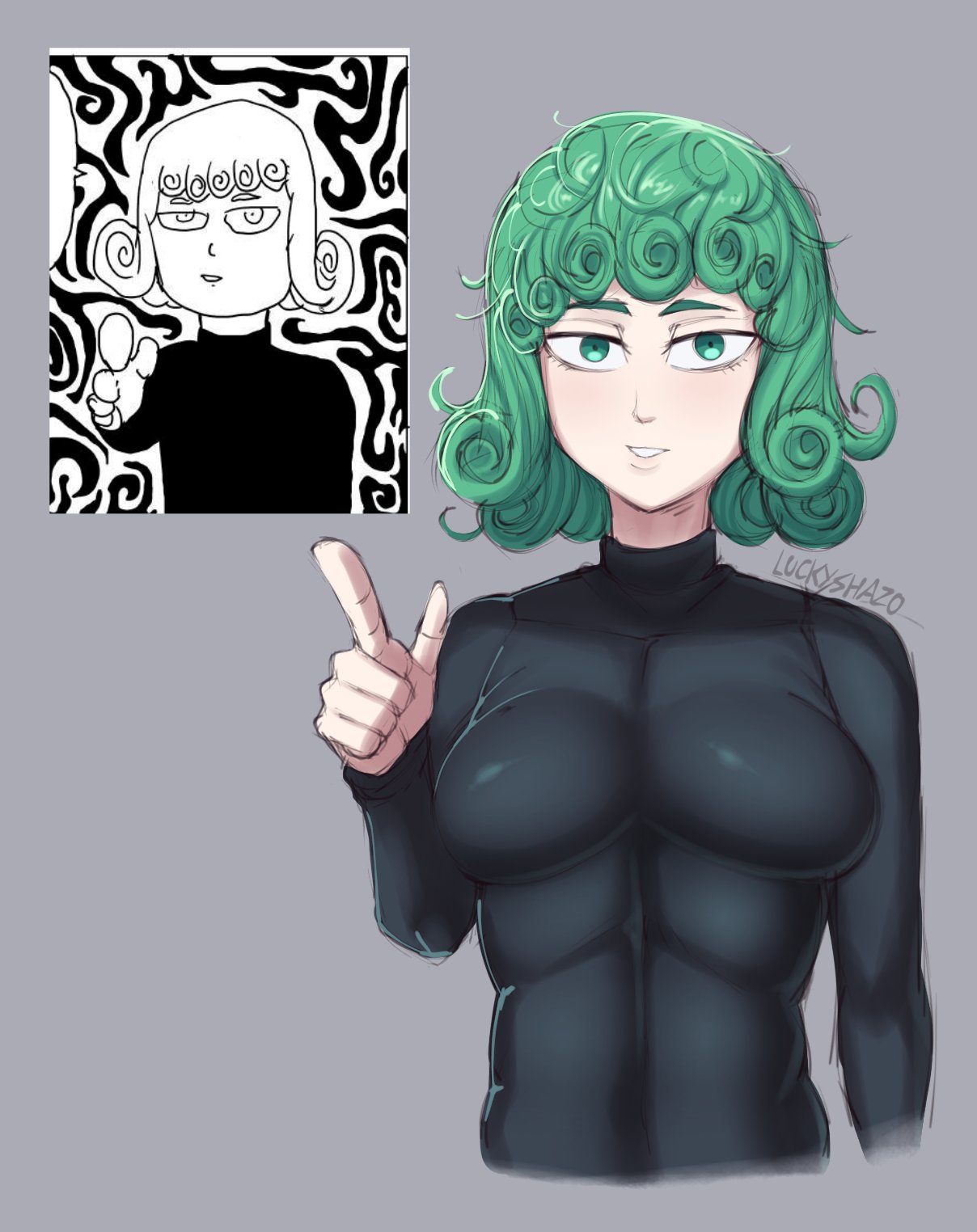 shaz (luckyshazo), tatsumaki, one-punch man, commentary, english commentary, highres, 1girl, alternate breast size (smaller), breasts, petite, small breasts, solo, thighhighs