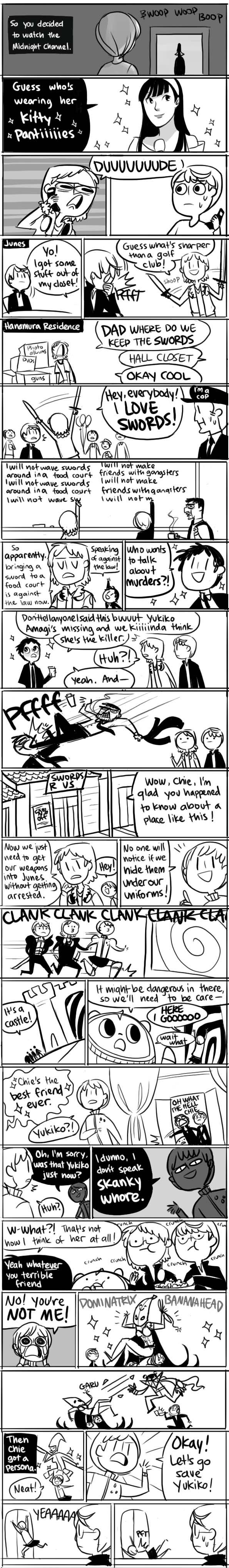 peachifruit, adachi tooru, amagi yukiko, doujima ryoutarou, hanamura yousuke, kuma (persona 4), narukami yu, satonaka chie, persona, persona 4, bad tag, english, absurdres, highres, long image, tall image, comic, dark persona, monochrome, parody, summary, | |