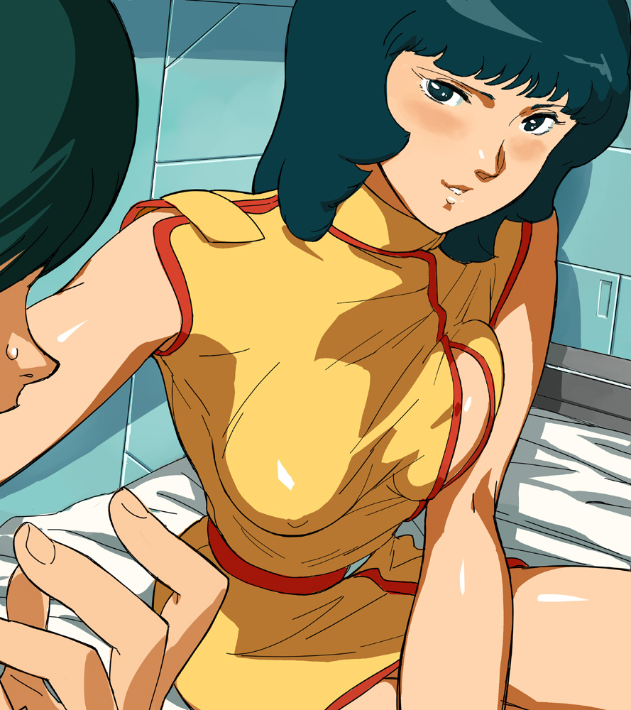 opocom, volvox, fa yuiry, gundam, zeta gundam, bed, blush, breasts, sitting, smile