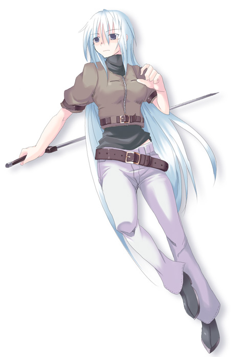 ment, original, 1girl, female focus, full body, gradient background, long hair, solo, sword, weapon, white background, white hair