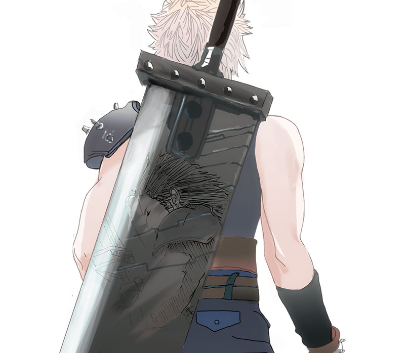 lurowono, cloud strife, zack fair, final fantasy, final fantasy vii, 2boys, belt, black hair, blonde hair, blue pants, brown belt, buster sword, closed eyes, cowboy shot, male focus, multiple boys, pants, reflection, shirt, sideburns, simple background, sleeveless, sleeveless shirt, sword, sword on back, weapon, weapon on back, white background