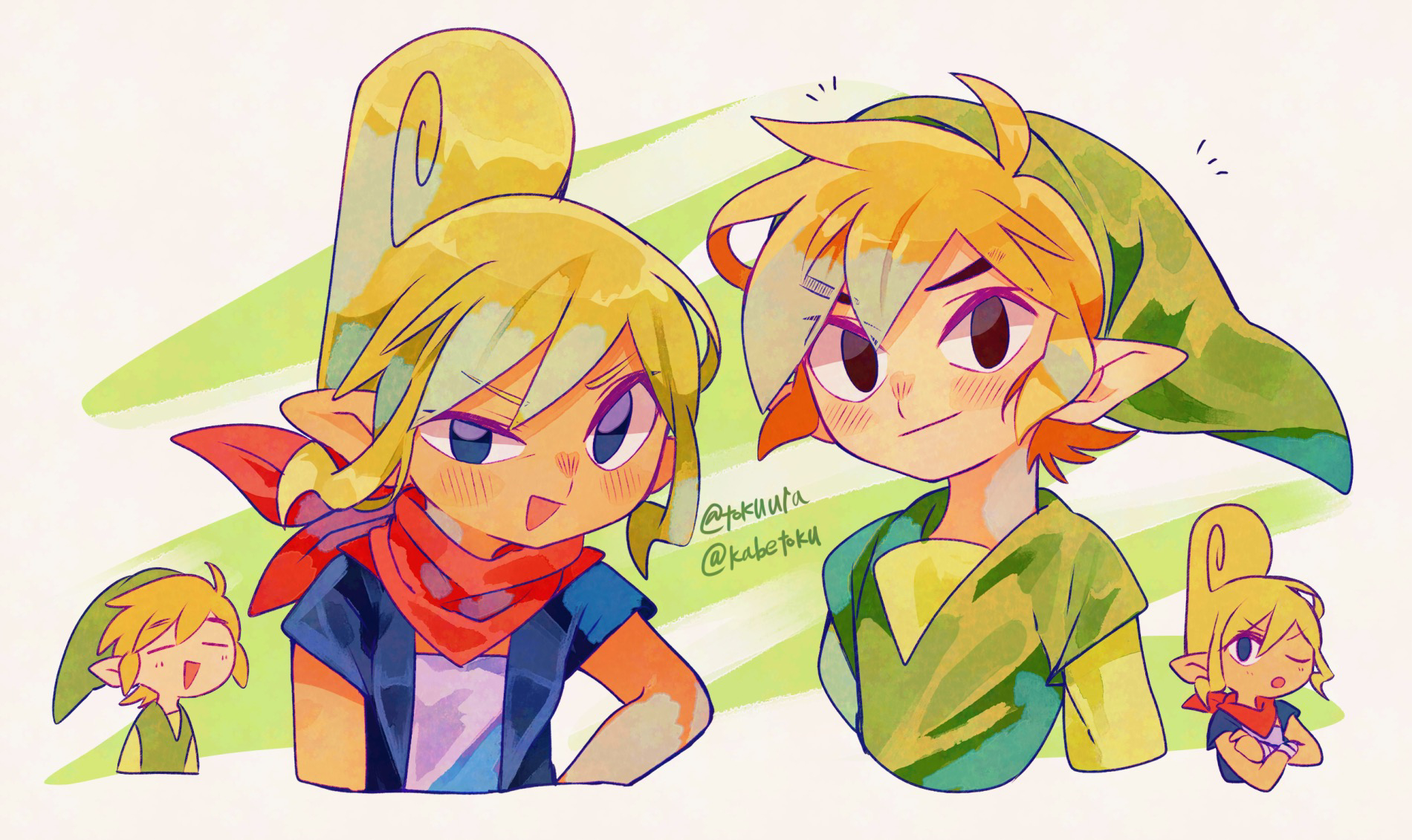 tokuura, link, tetra, toon link, nintendo, the legend of zelda, the legend of zelda: the wind waker, adversarial noise, commentary request, highres, 1boy, 1girl, bandana, bandana around neck, black eyes, blonde hair, blue eyes, blue jacket, closed eyes, cropped torso, crossed arms, green hat, green tunic, hat, jacket, layered sleeves, long sleeves, looking at viewer, open mouth, pointy ears, purple shirt, red bandana, shirt, short over long sleeves, short sleeves, smile, tunic, twitter username