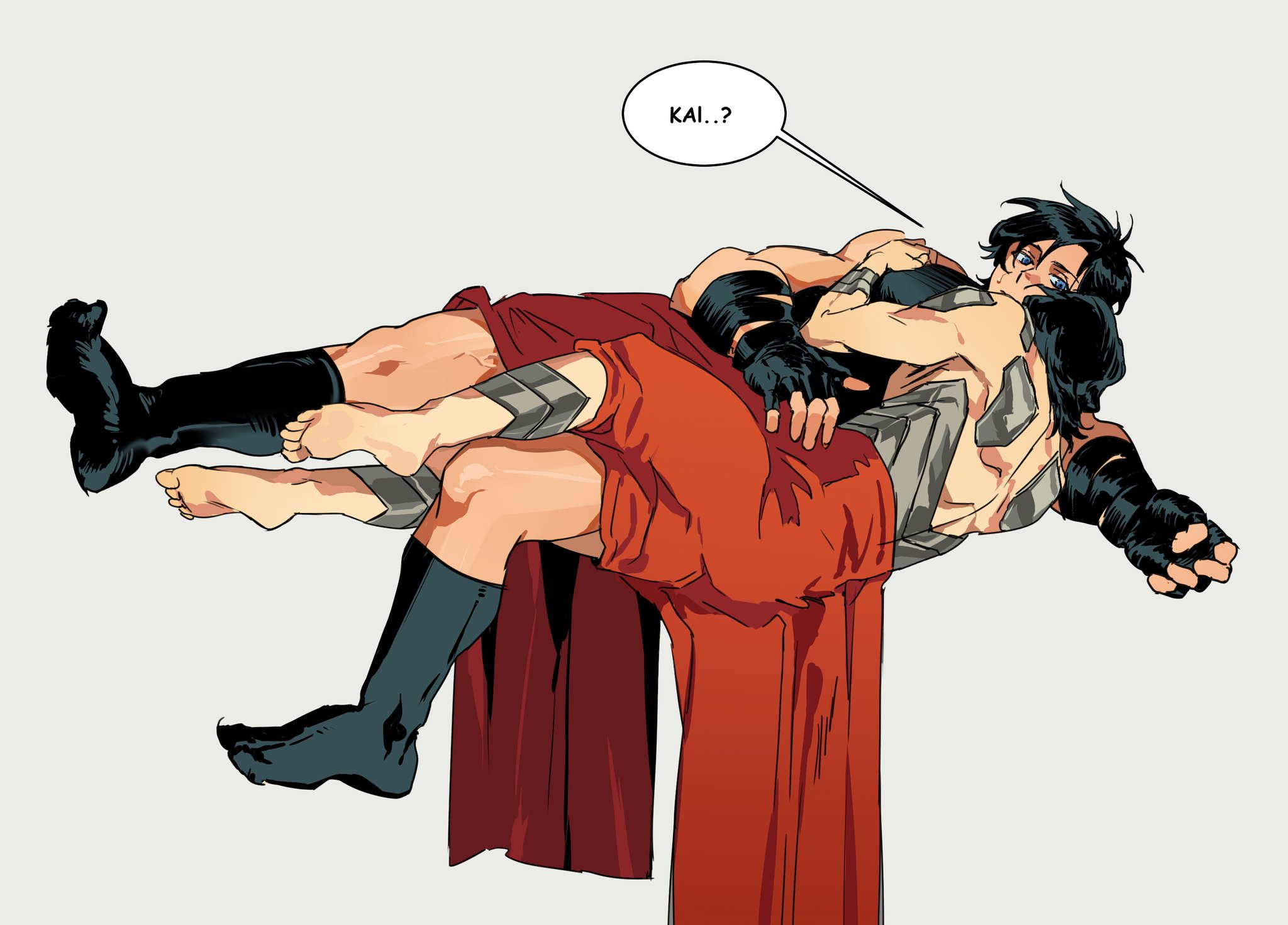 batman, superman, absolute batman, absolute dc, absolute superman, dc comics, commentary, highres, symbol-only commentary, 2boys, bandaged arm, bandages, barefoot, black hair, black socks, blue eyes, cape, grey background, hand on another's shoulder, male focus, multiple boys, muscular, muscular male, red cape, simple background, socks, speech bubble, yaoi, yyrt 5210