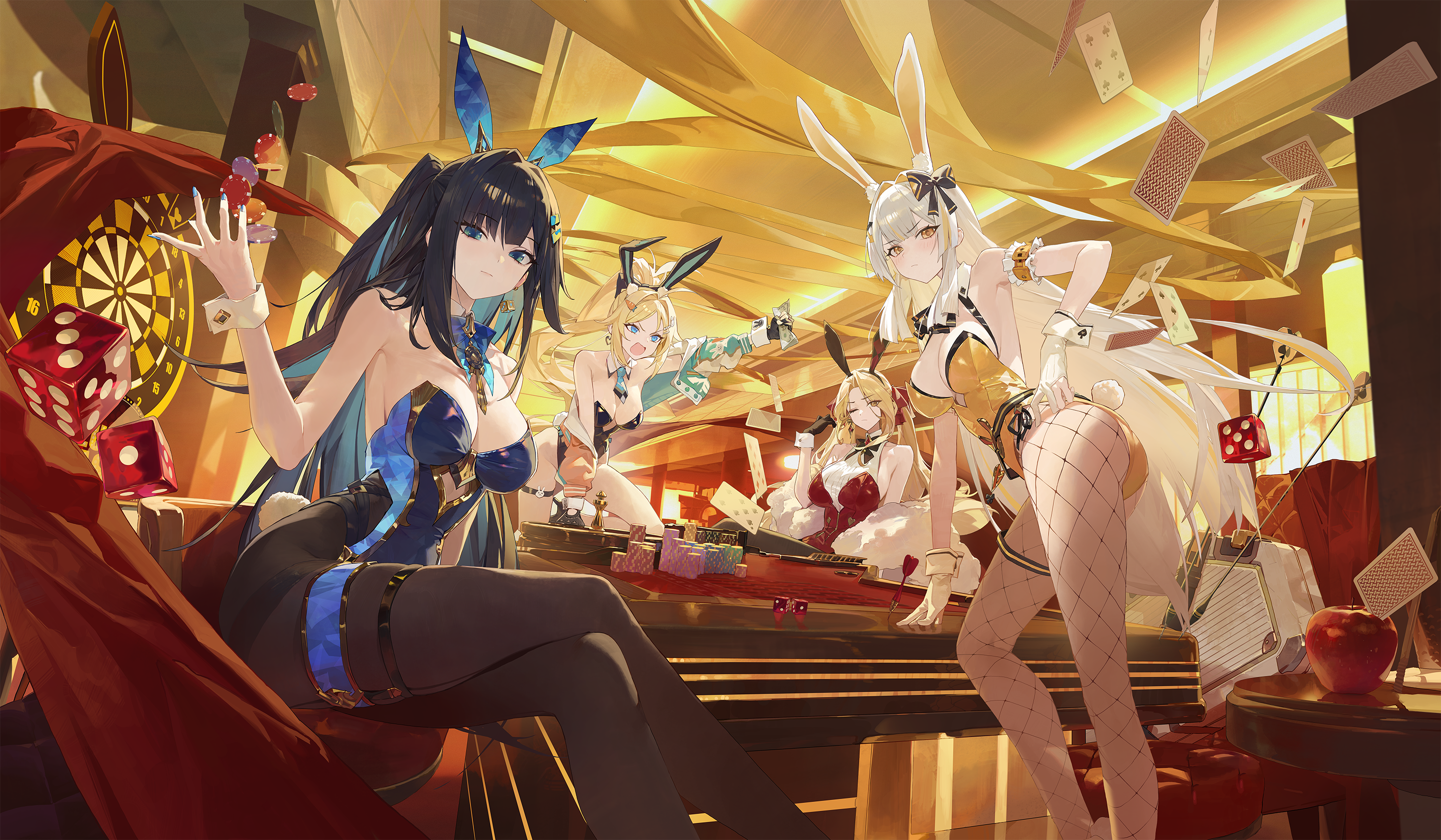 huhi (huhi 1211), abigail (black survival), jenny sinclair, minami rio, nicky blake, nicky blake (bad beat), black survival, eternal return: black survival, artist request, check artist, highres, official art, 4girls, abigail (poker face) (black survival), animal ear fluff, animal ears, apple, arm garter, arm support, armpits, ass, bare legs, bare shoulders, bent over, black gloves, black hair, black hairband, black leotard, blonde hair, blue eyes, blue hair, blue leotard, blue nails, bow, bowtie, breasts, brown pantyhose, card, chair, cleavage, closed mouth, clothing cutout, colored inner hair, cropped jacket, crossed legs, cutout above navel, dartboard, detached collar, dice, expressionless, fake animal ears, fake tail, feather boa, fishnet pantyhose, fishnets, food, frown, fruit, gloves, gold trim, gradient gloves, green jacket, hair bow, hair ornament, hairband, hairclip, halterneck, hand on own hip, hand up, high heels, highleg, highleg leotard, holding, holding money, jacket, jenny sinclair (queen of hearts), jewelry, large breasts, legs, leotard, long hair, looking at viewer, medium breasts, minami rio (winning shot), money, multicolored hair, multicolored jacket, multiple girls, nail polish, off shoulder, official alternate costume, one eye closed, open clothes, open jacket, open mouth, orange eyes, orange jacket, outstretched arm, pantyhose, parted bangs, partially fingerless gloves, playboy bunny, playing card, poker chip, poker table, ponytail, rabbit ears, rabbit tail, red leotard, shirt, side-tie leotard, sitting, sleeveless, sleeveless shirt, spaghetti strap, standing, strapless, strapless leotard, streaked hair, table, tail, thigh strap, thighlet, thighs, twintails, twisted torso, two-tone hair, two-tone jacket, undershirt, v-shaped eyebrows, very long hair, white gloves, white hair, white shirt, wrist cuffs, yellow leotard
