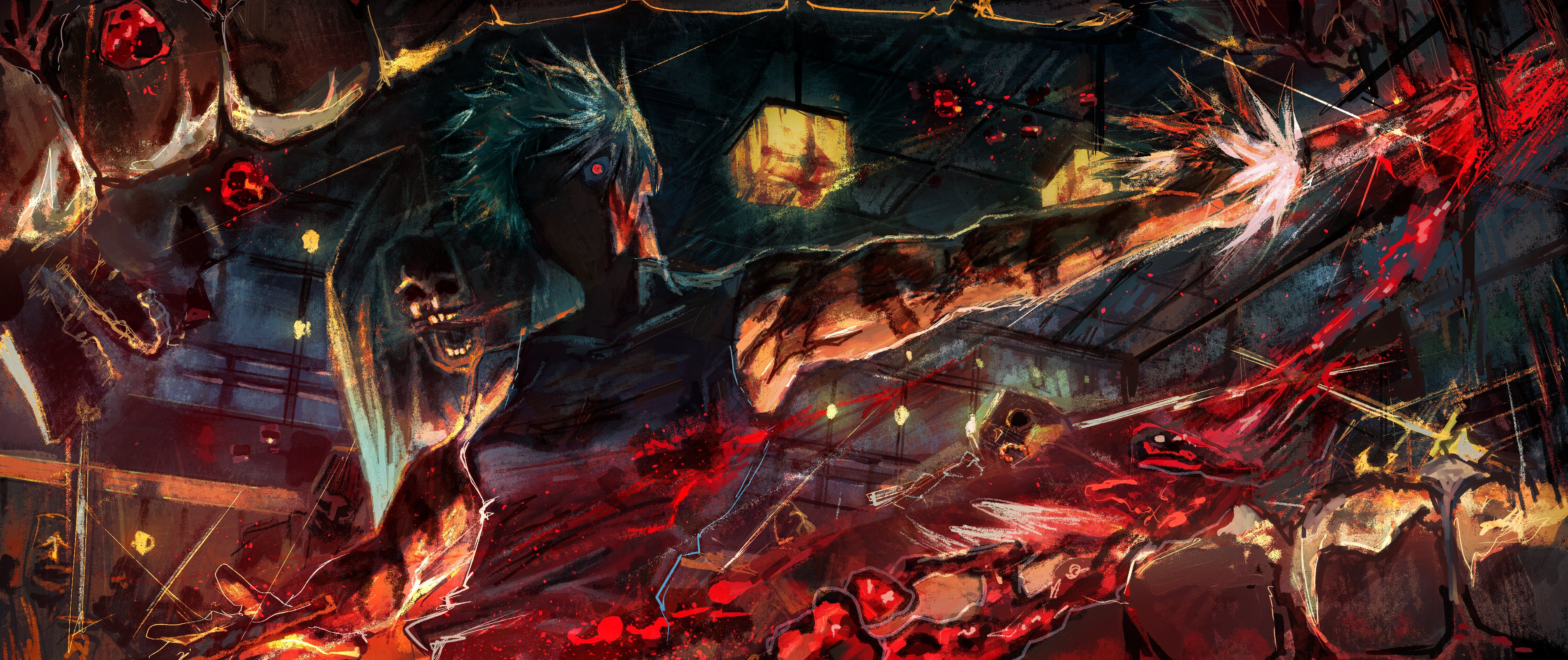 sonic1nstinct, zen'in maki, jujutsu kaisen, absurdres, highres, 1girl, black shirt, blood, cursed spirit (jujutsu kaisen), green hair, holding, holding sword, holding weapon, injury, red eyes, scar, scars all over, shirt, short hair, sleeveless, sleeveless shirt, sleeveless turtleneck, sword, too many, turtleneck, turtleneck shirt, weapon