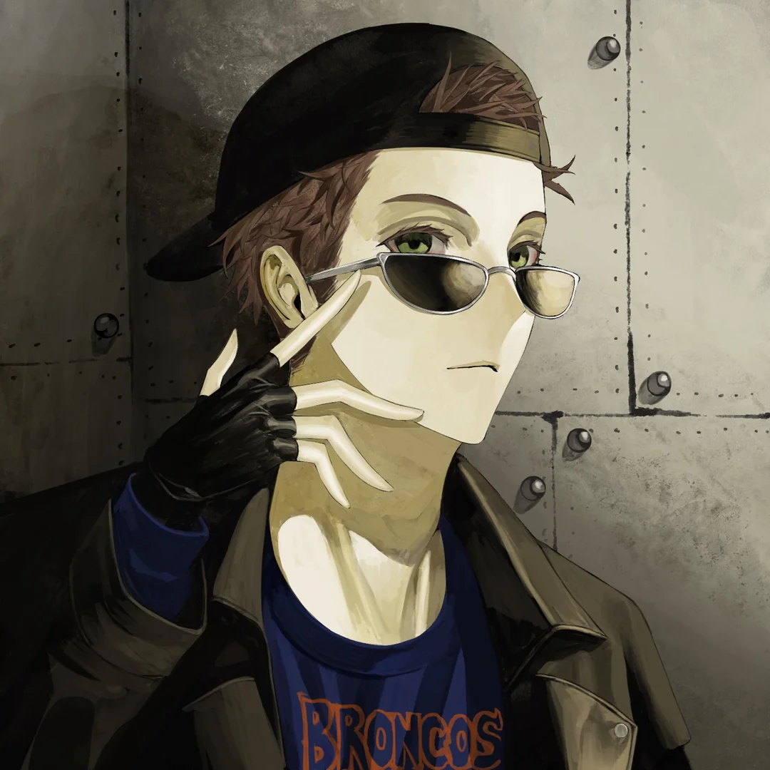 eric harris, real life, artist request, source request, third-party source, 1boy, adam's apple, adjusting eyewear, animification, backwards hat, black gloves, black hat, black jacket, blue shirt, brown hair, closed mouth, clothes writing, fingerless gloves, frown, gloves, green eyes, grey-framed eyewear, grey background, hair behind ear, hand up, hat, indoors, jacket, lapels, layered sleeves, long sleeves, looking at viewer, male focus, open clothes, open jacket, portrait, shadow, shirt, short hair, simple background, sunglasses, tareme, tile wall, tiles, very short hair